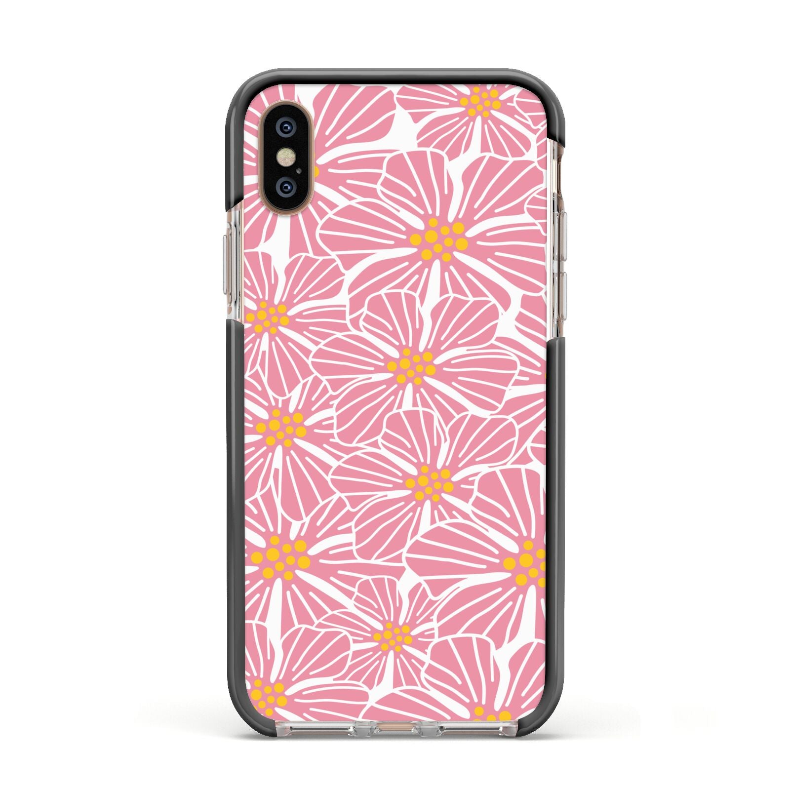 Pink Flowers Apple iPhone Xs Impact Case Black Edge on Gold Phone