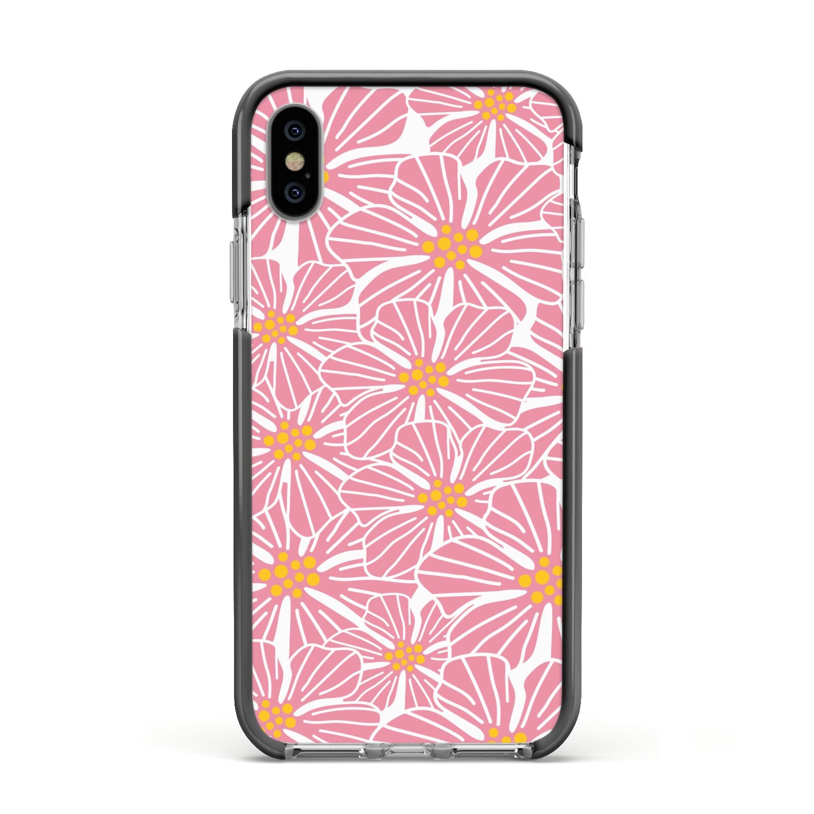 Pink Flowers Apple iPhone Xs Impact Case Black Edge on Silver Phone
