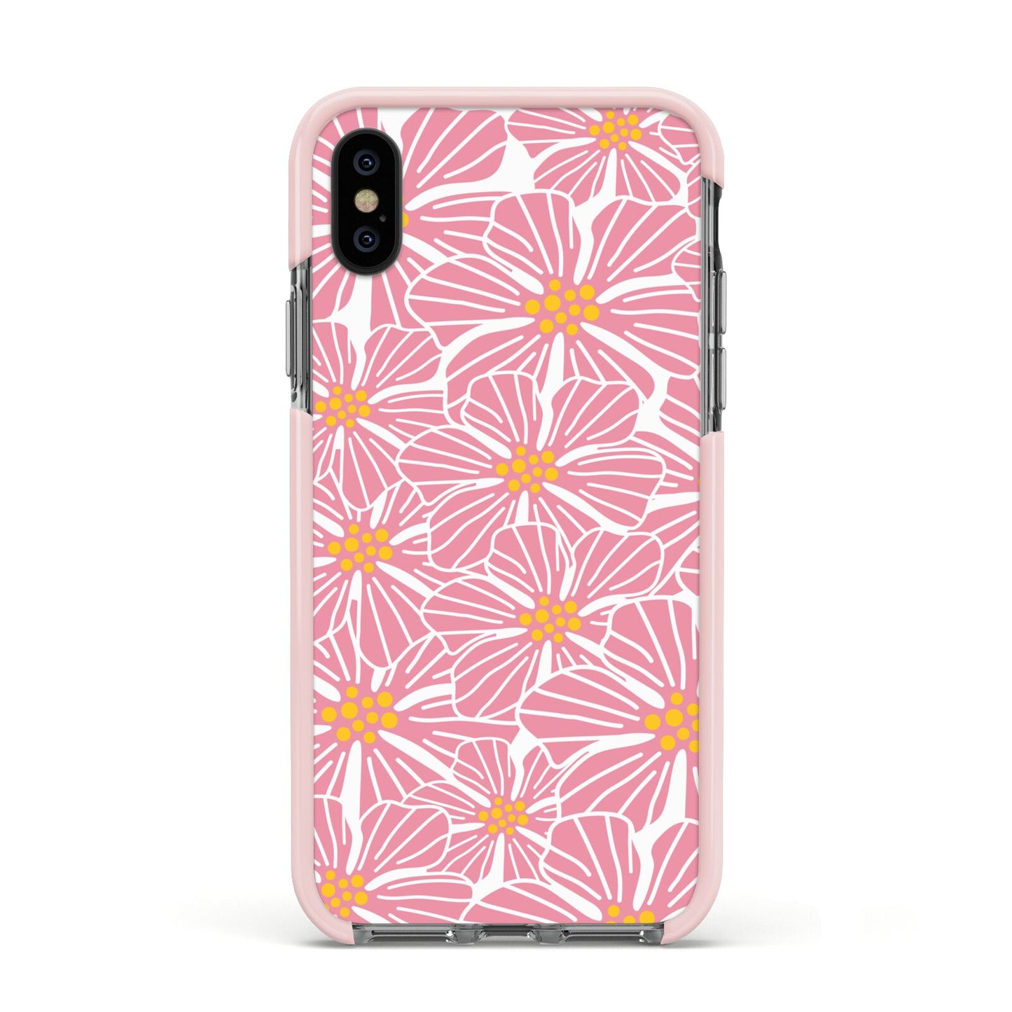 Pink Flowers Apple iPhone Xs Impact Case Pink Edge on Black Phone