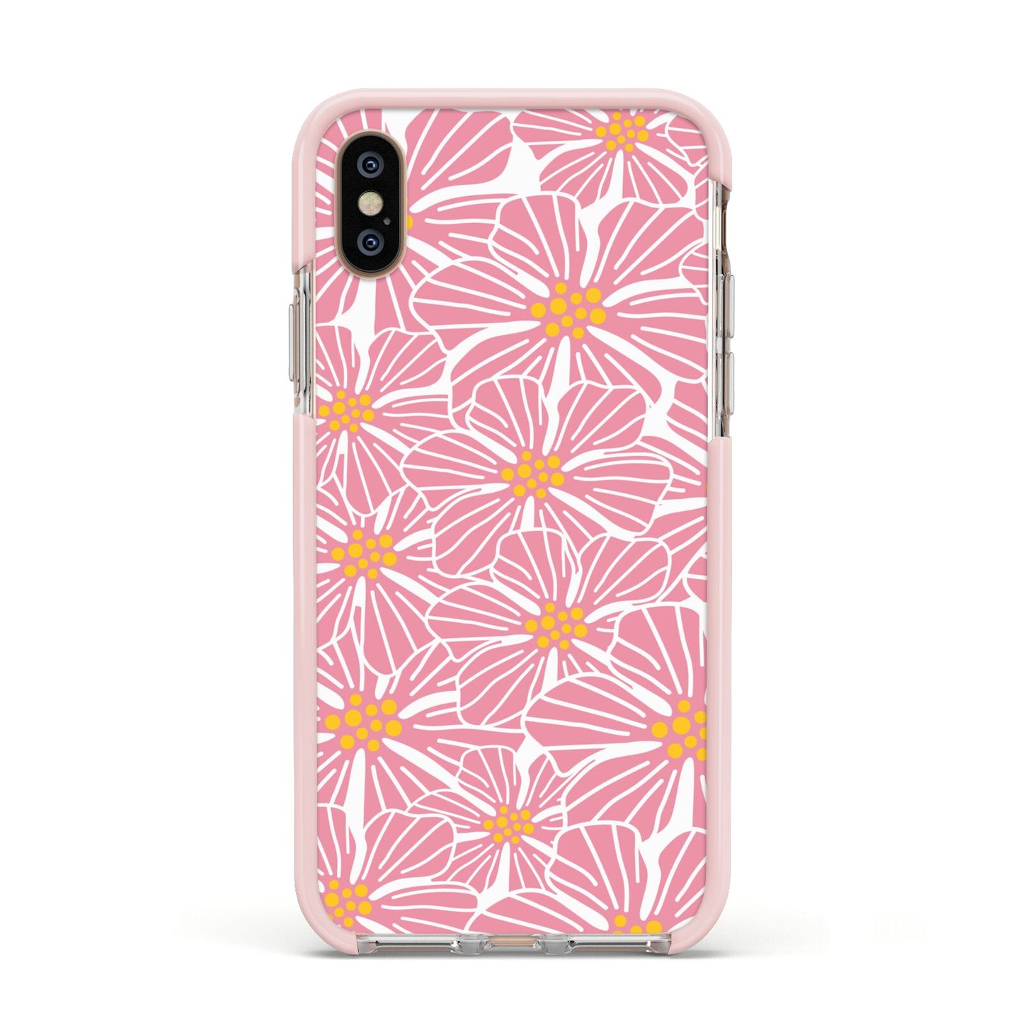 Pink Flowers Apple iPhone Xs Impact Case Pink Edge on Gold Phone