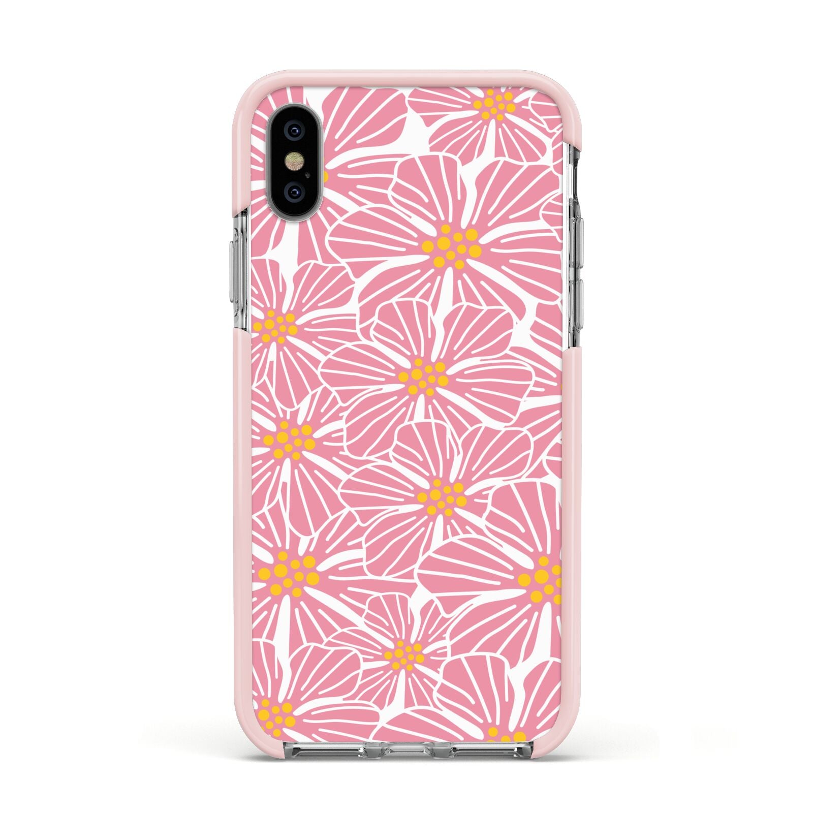 Pink Flowers Apple iPhone Xs Impact Case Pink Edge on Silver Phone