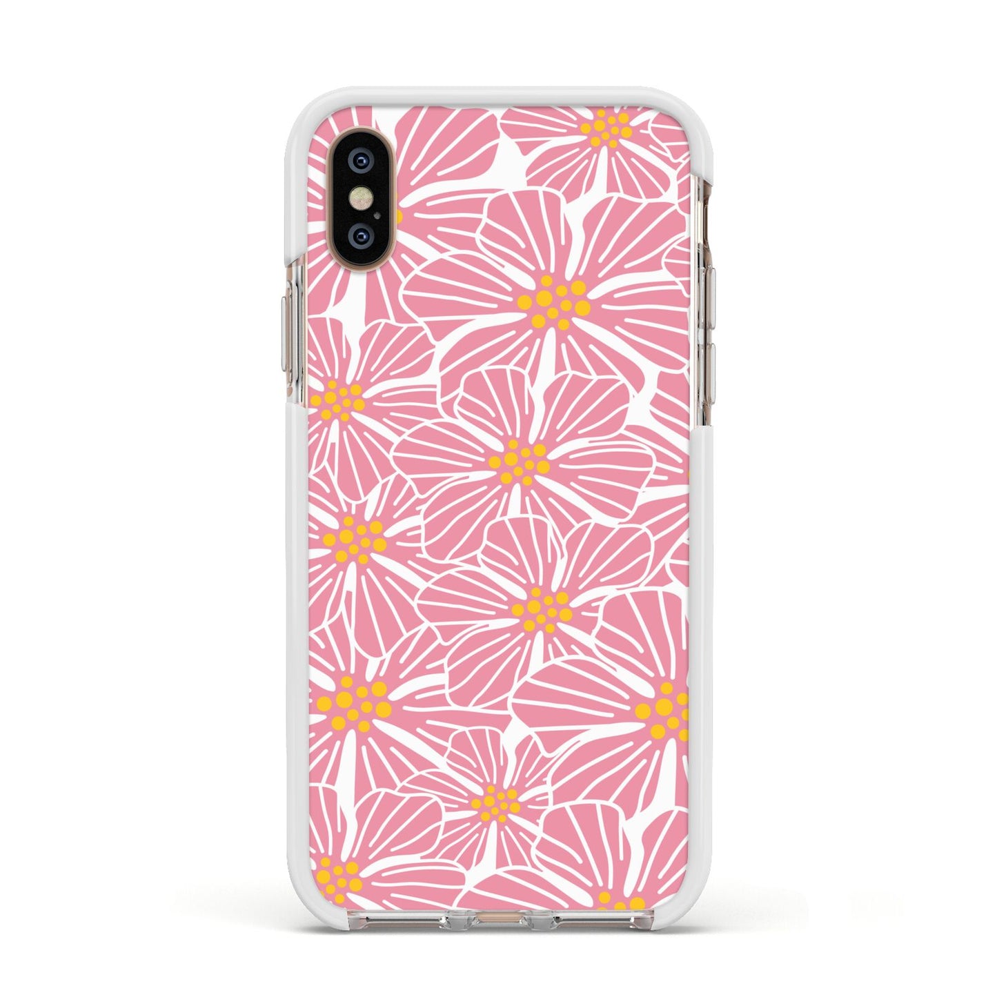Pink Flowers Apple iPhone Xs Impact Case White Edge on Gold Phone