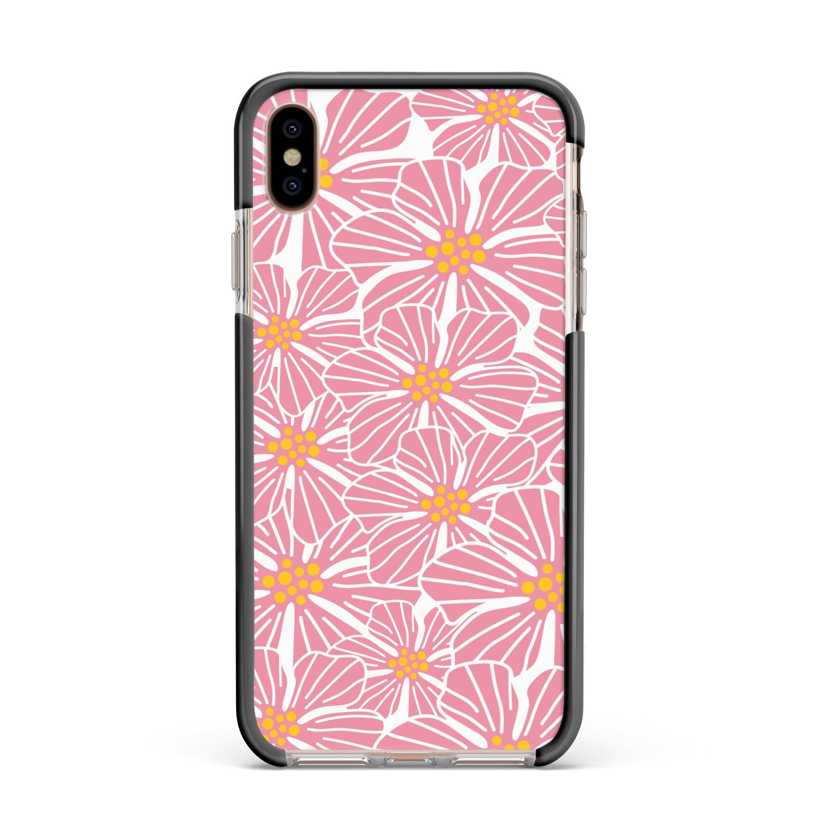 Pink Flowers Apple iPhone Xs Max Impact Case Black Edge on Gold Phone
