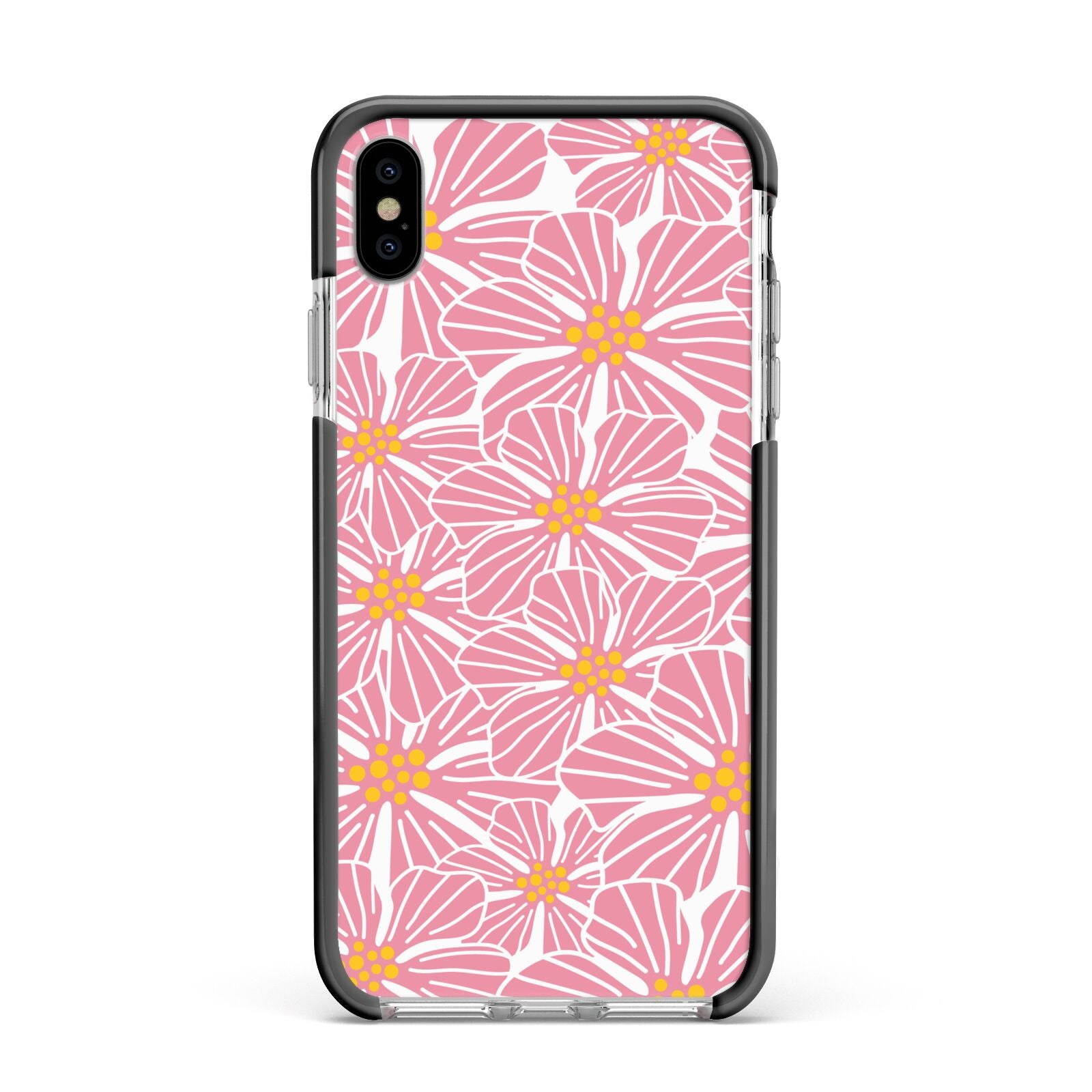 Pink Flowers Apple iPhone Xs Max Impact Case Black Edge on Silver Phone