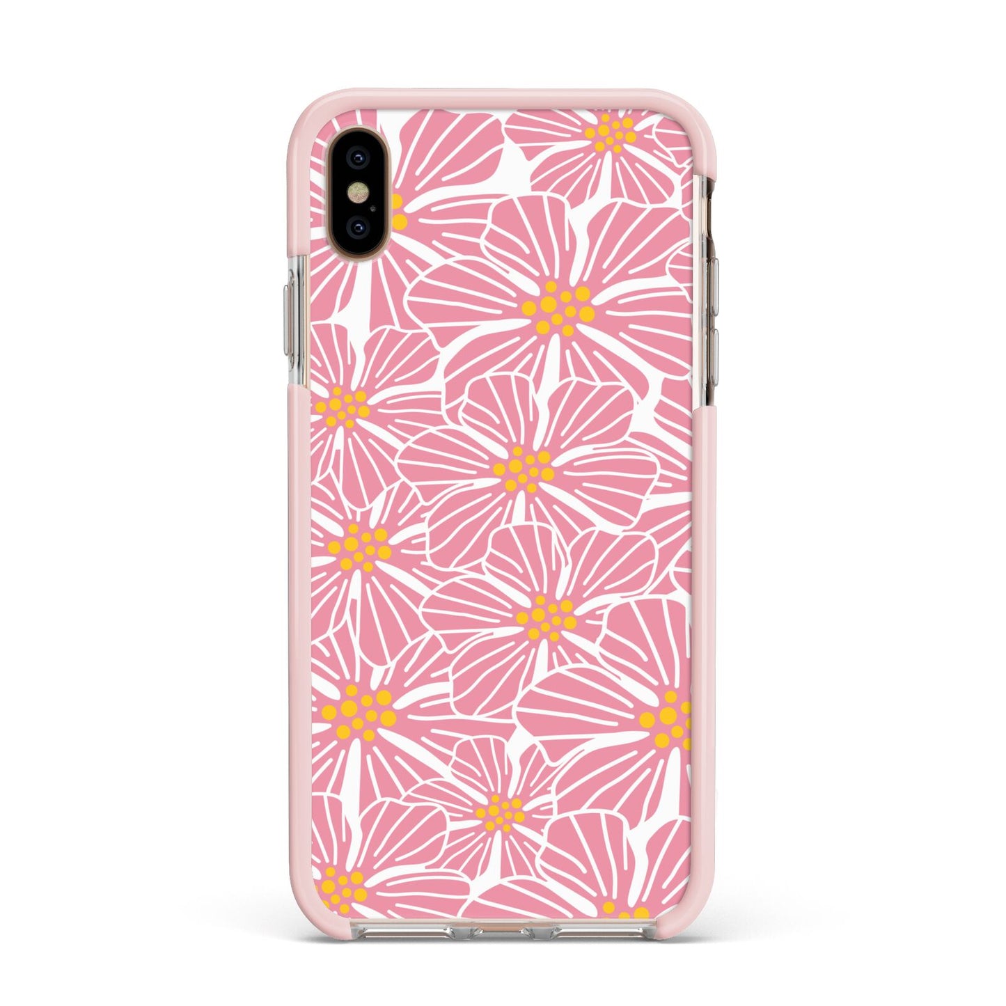 Pink Flowers Apple iPhone Xs Max Impact Case Pink Edge on Gold Phone