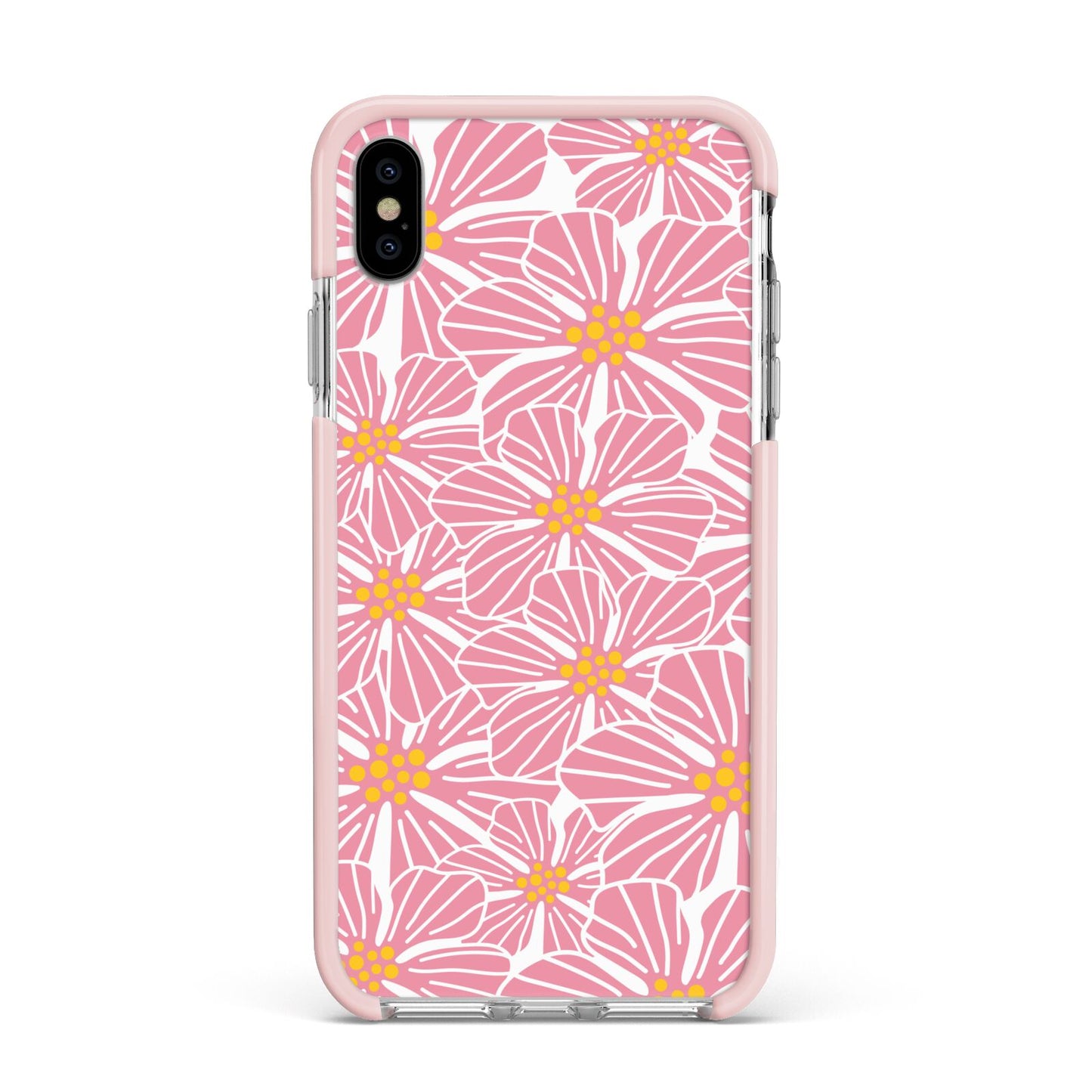 Pink Flowers Apple iPhone Xs Max Impact Case Pink Edge on Silver Phone