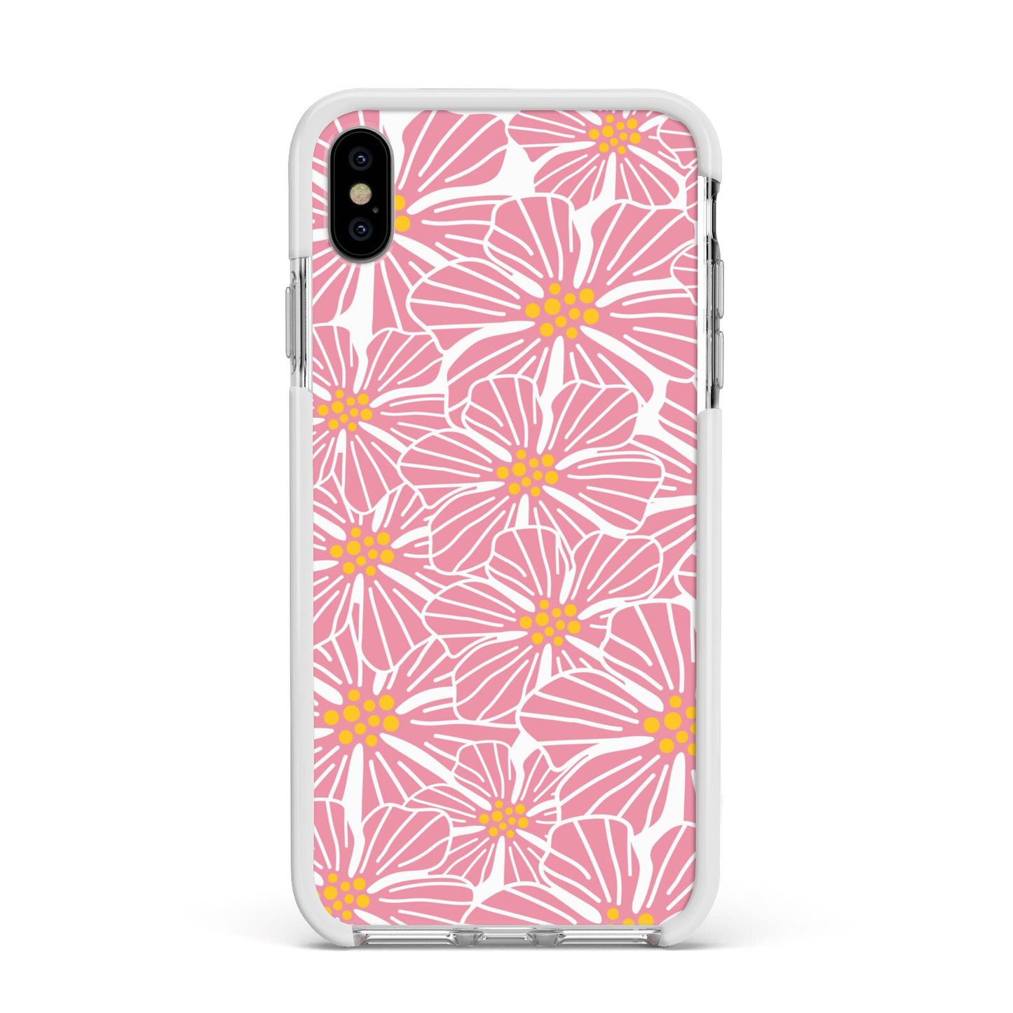 Pink Flowers Apple iPhone Xs Max Impact Case White Edge on Silver Phone