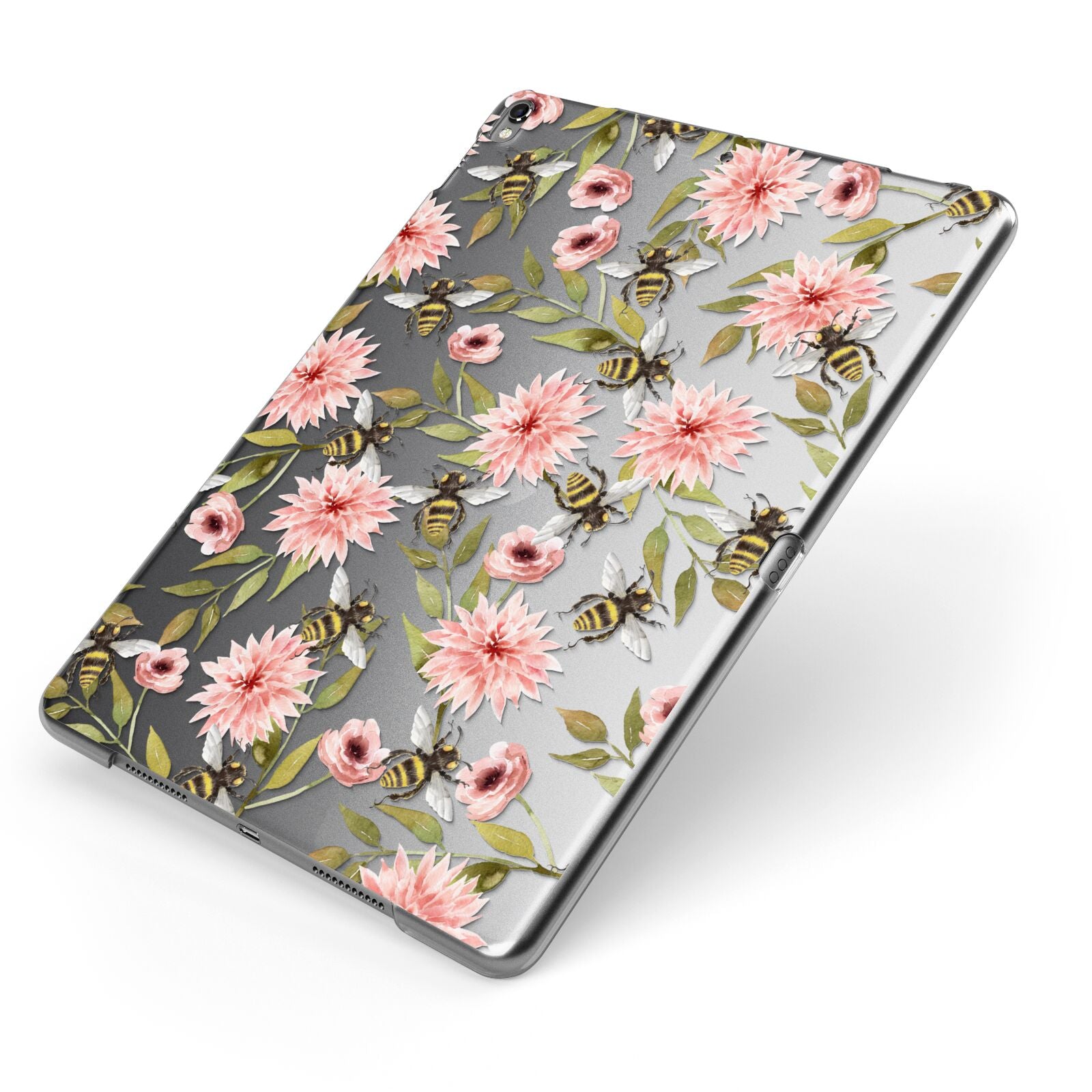 Clear Pink Flowers and Bees Apple iPad Case on Grey iPad Side View
