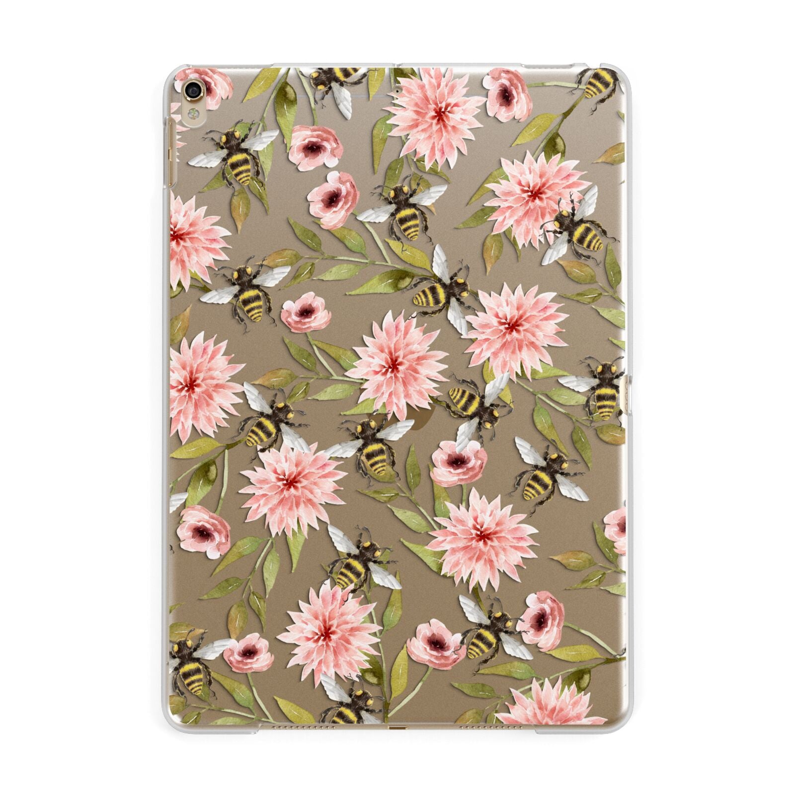 Clear Pink Flowers and Bees Apple iPad Gold Case