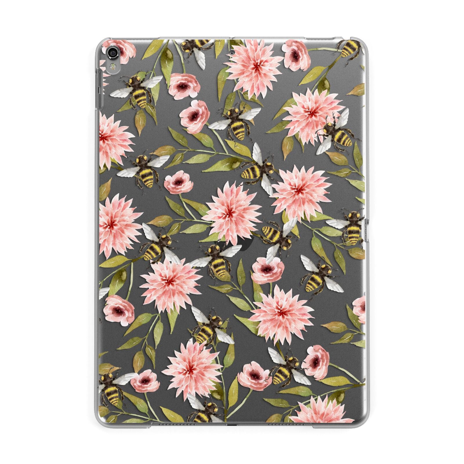 Clear Pink Flowers and Bees Apple iPad Grey Case