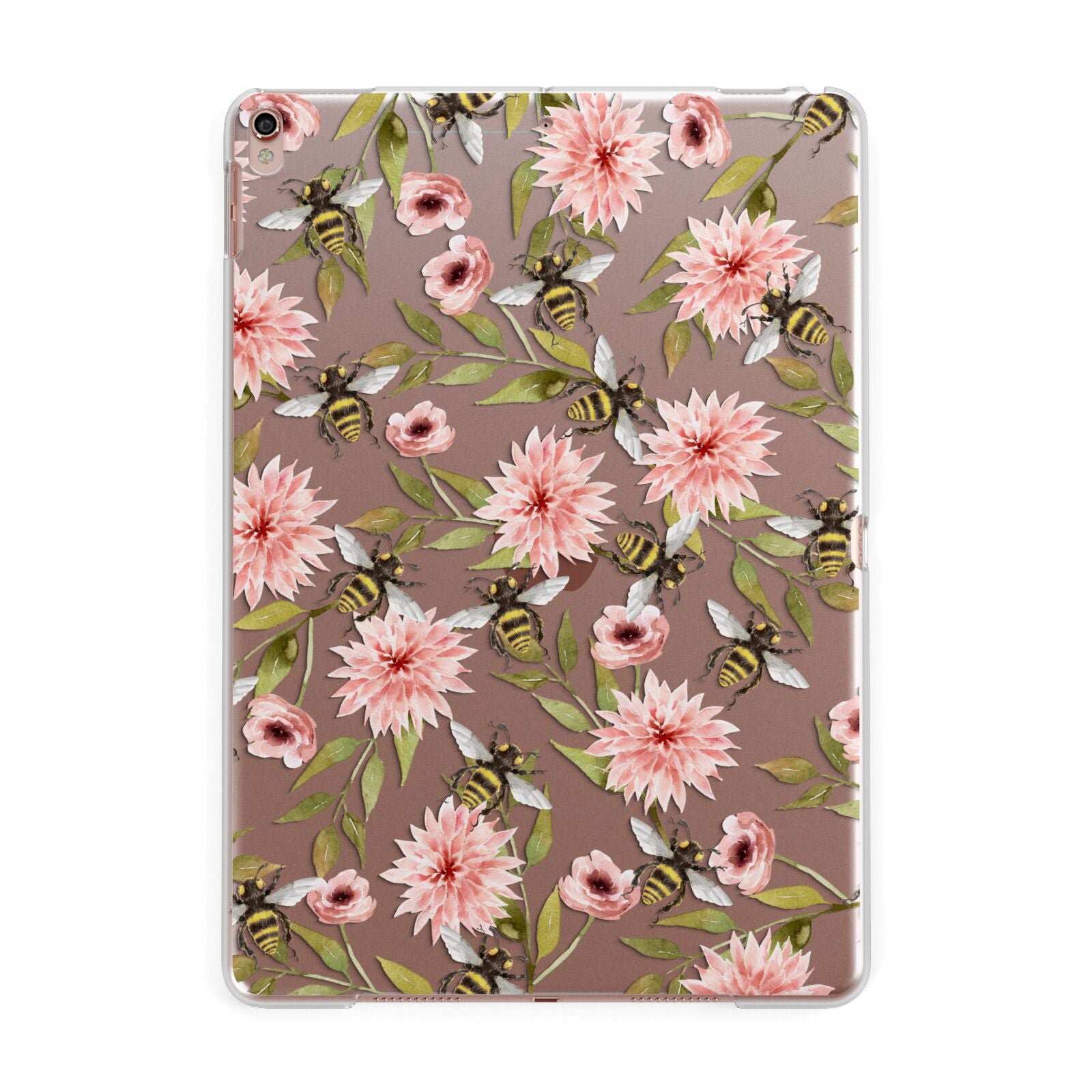 Clear Pink Flowers and Bees Apple iPad Rose Gold Case