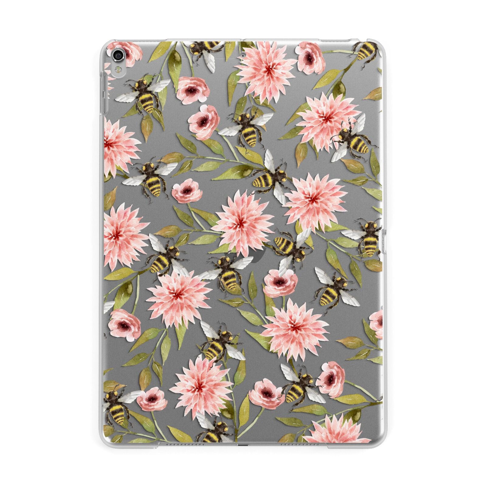 Clear Pink Flowers and Bees Apple iPad Silver Case