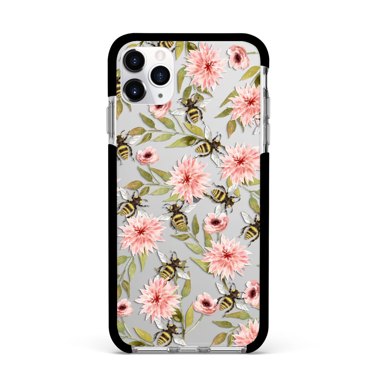 Pink Flowers and Bees Apple iPhone 11 Pro Max in Silver with Black Impact Case