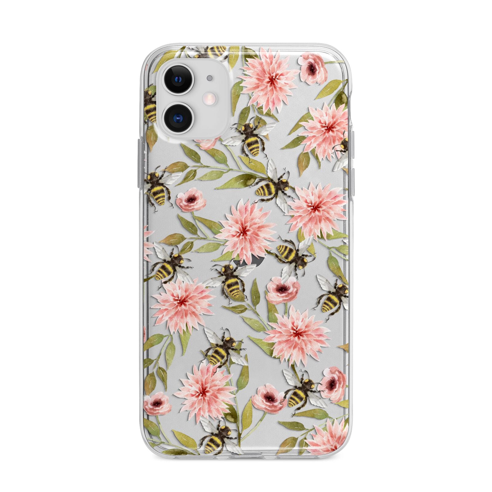 Pink Flowers and Bees Apple iPhone 11 in White with Bumper Case