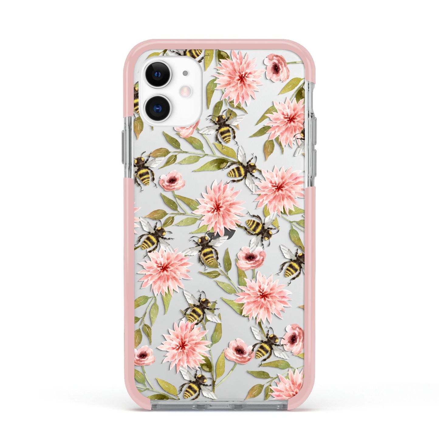Pink Flowers and Bees Apple iPhone 11 in White with Pink Impact Case