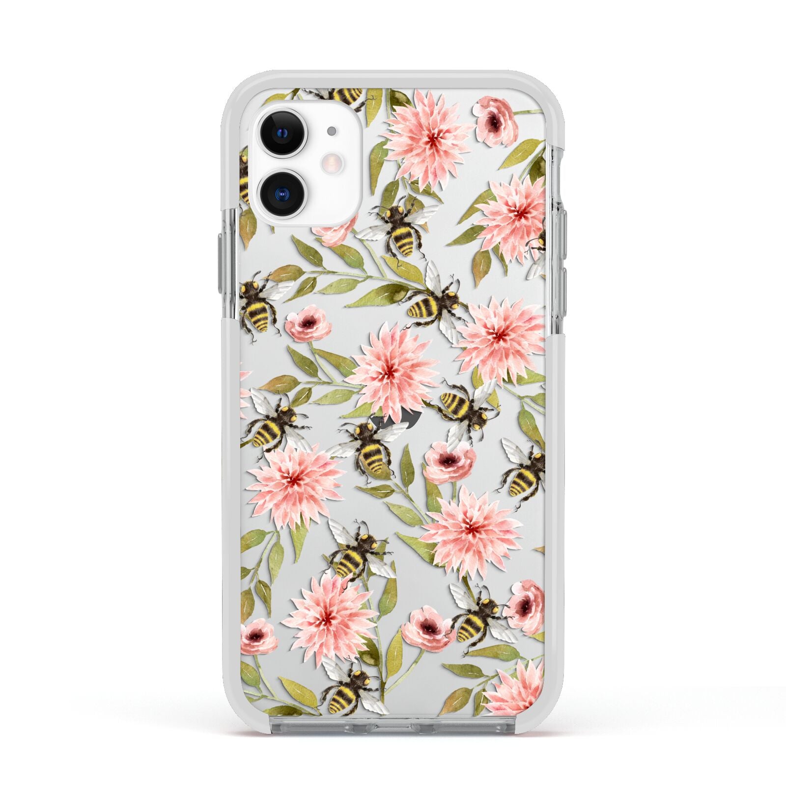 Pink Flowers and Bees Apple iPhone 11 in White with White Impact Case