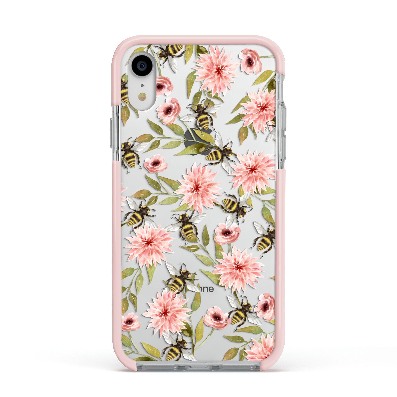 Pink Flowers and Bees Apple iPhone XR Impact Case Pink Edge on Silver Phone