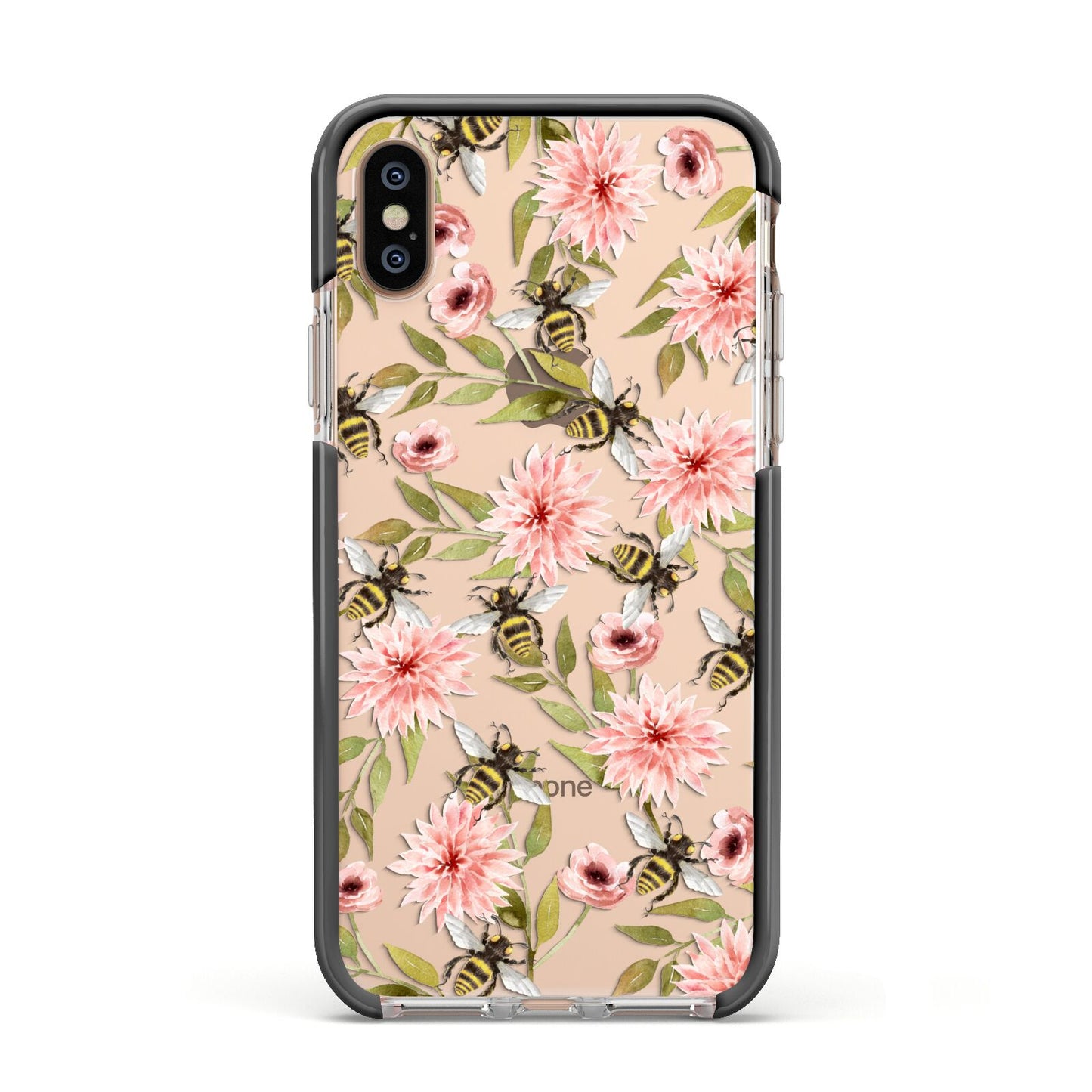 Pink Flowers and Bees Apple iPhone Xs Impact Case Black Edge on Gold Phone