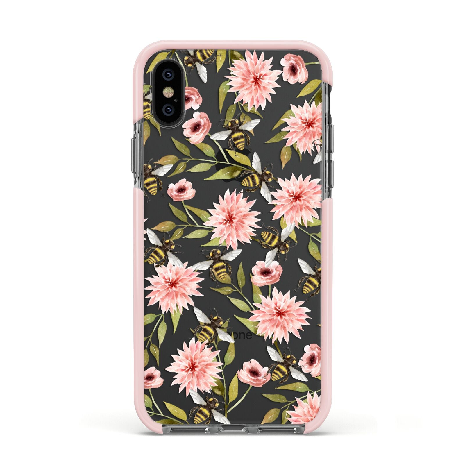Pink Flowers and Bees Apple iPhone Xs Impact Case Pink Edge on Black Phone