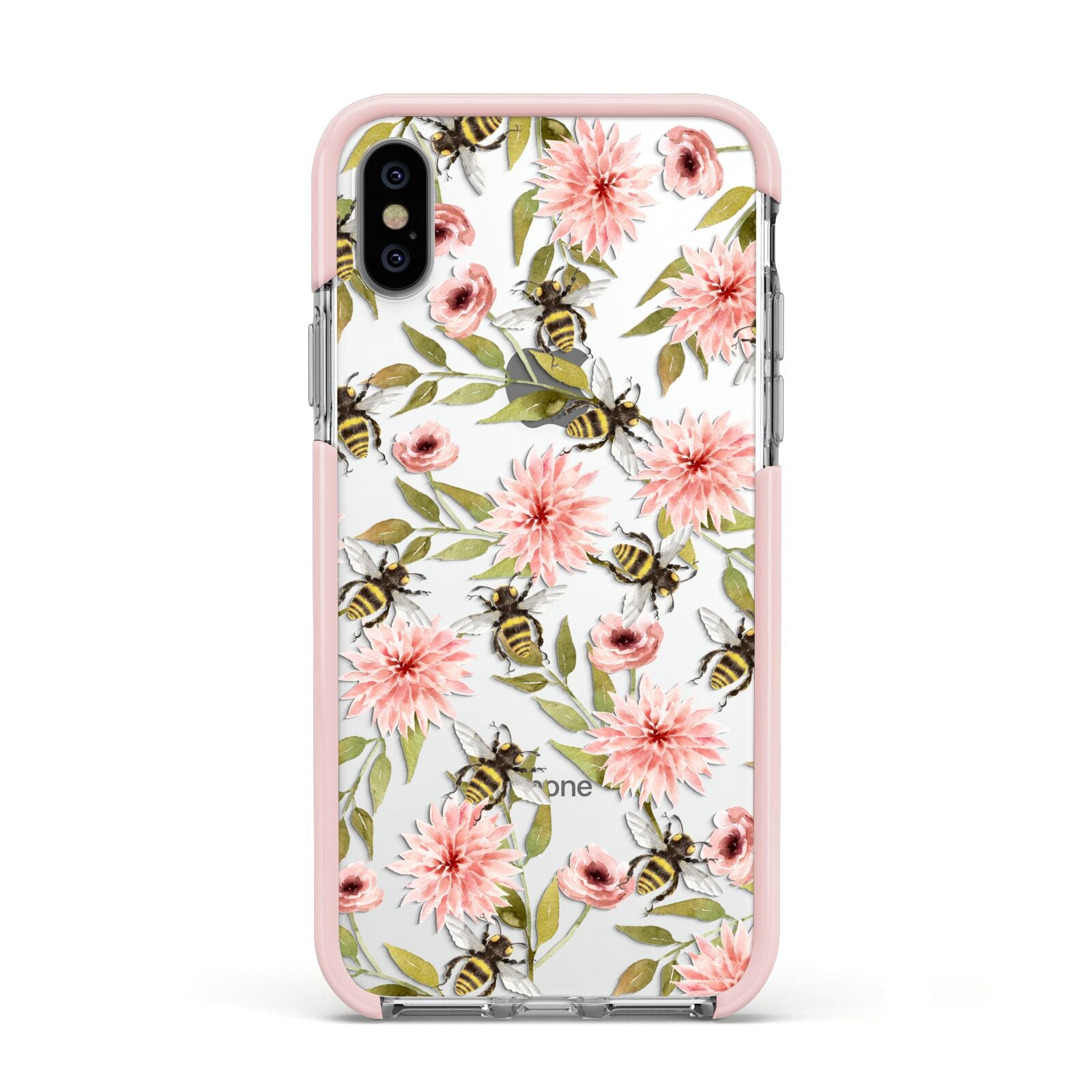 Pink Flowers and Bees Apple iPhone Xs Impact Case Pink Edge on Silver Phone