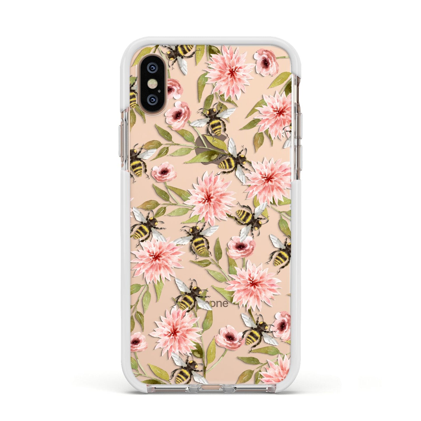 Pink Flowers and Bees Apple iPhone Xs Impact Case White Edge on Gold Phone