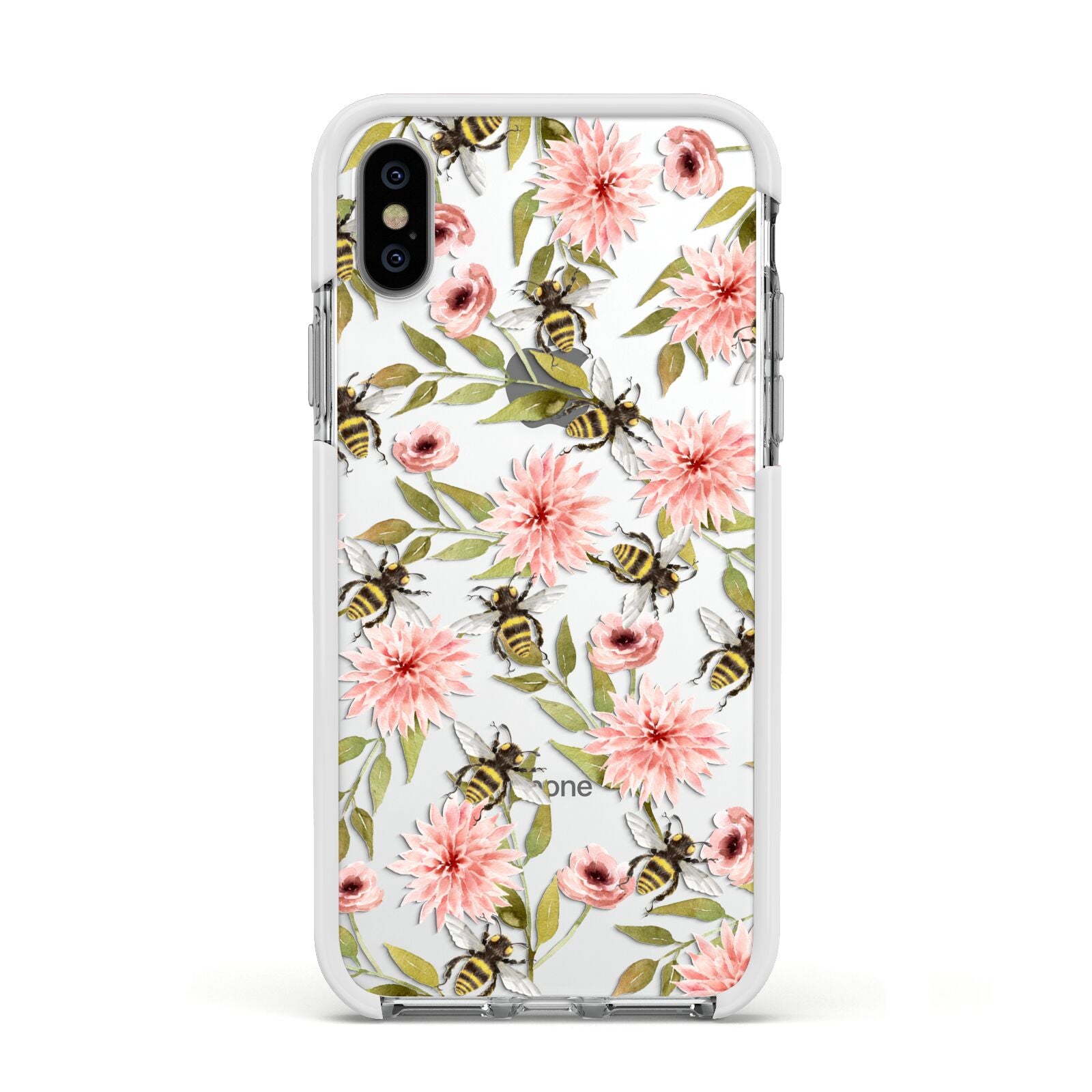 Pink Flowers and Bees Apple iPhone Xs Impact Case White Edge on Silver Phone