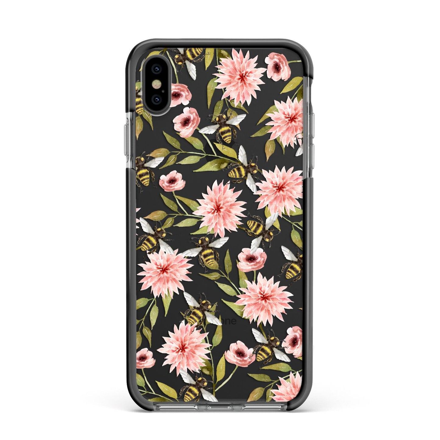 Pink Flowers and Bees Apple iPhone Xs Max Impact Case Black Edge on Black Phone