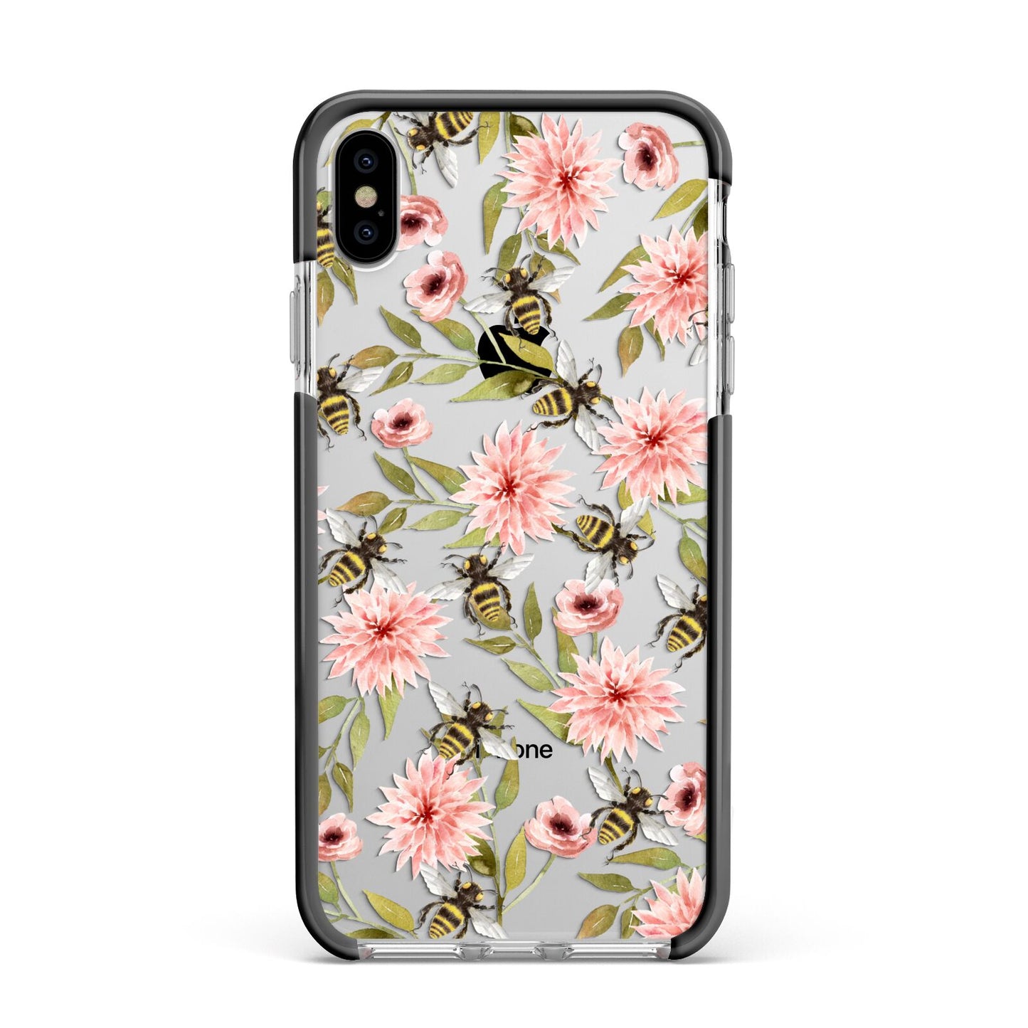 Pink Flowers and Bees Apple iPhone Xs Max Impact Case Black Edge on Silver Phone