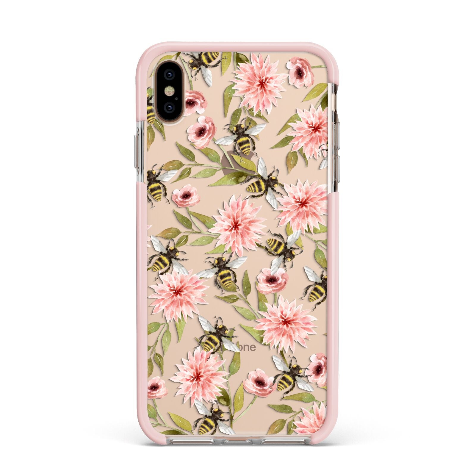 Pink Flowers and Bees Apple iPhone Xs Max Impact Case Pink Edge on Gold Phone