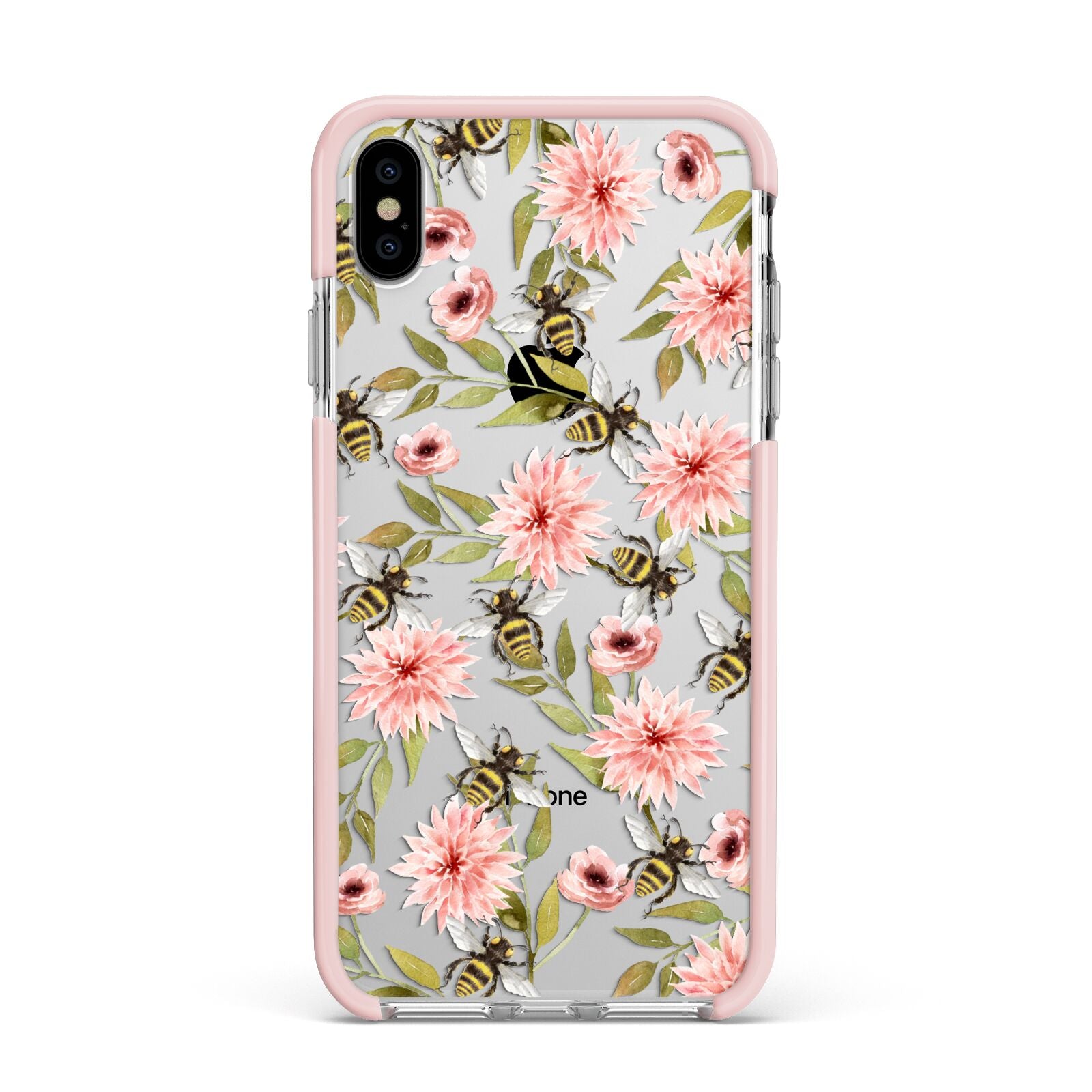 Pink Flowers and Bees Apple iPhone Xs Max Impact Case Pink Edge on Silver Phone