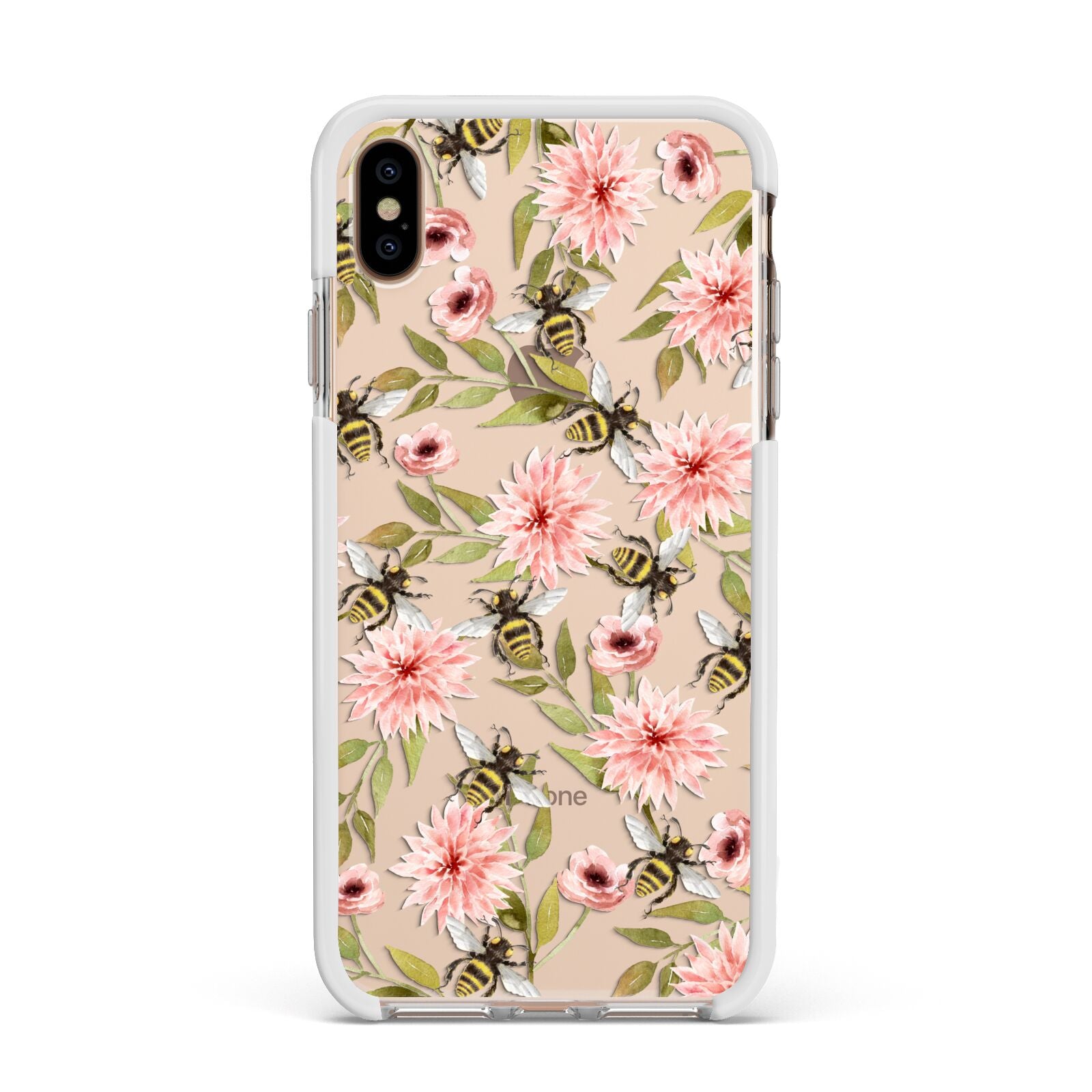 Pink Flowers and Bees Apple iPhone Xs Max Impact Case White Edge on Gold Phone
