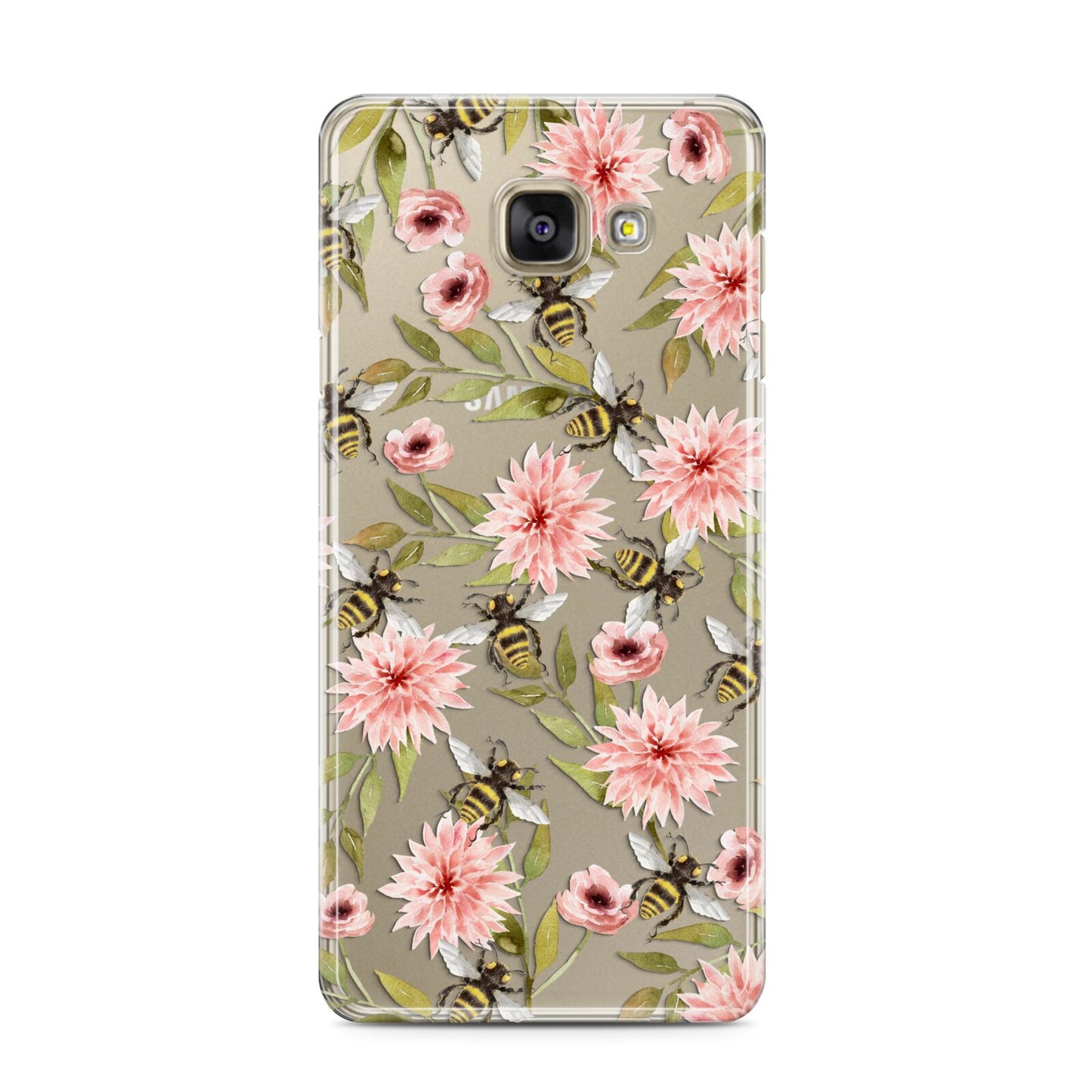 Pink Flowers and Bees Samsung Galaxy A3 2016 Case on gold phone