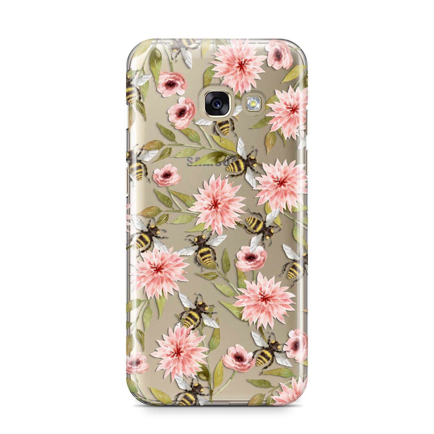Pink Flowers and Bees Samsung Galaxy A3 2017 Case on gold phone
