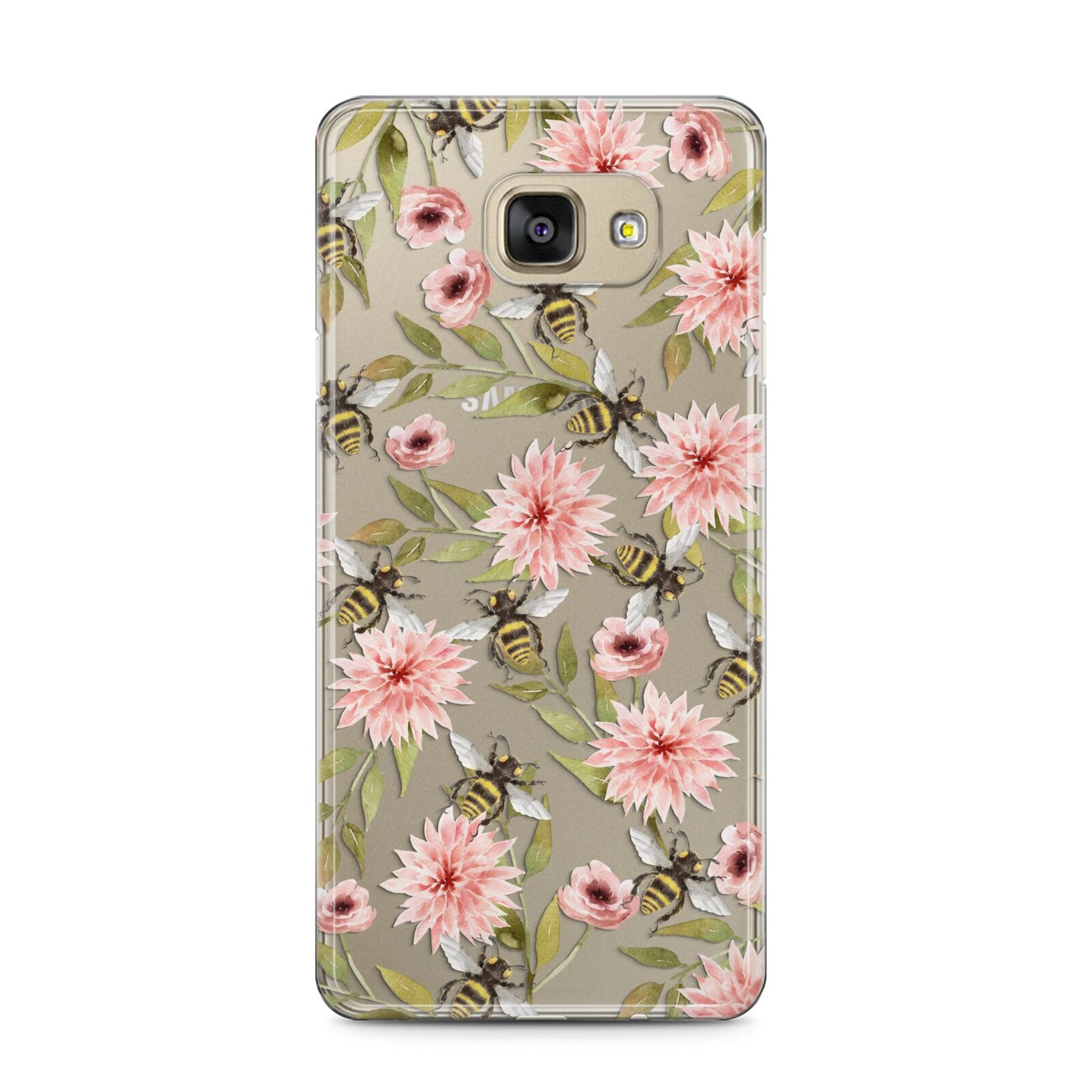 Pink Flowers and Bees Samsung Galaxy A5 2016 Case on gold phone