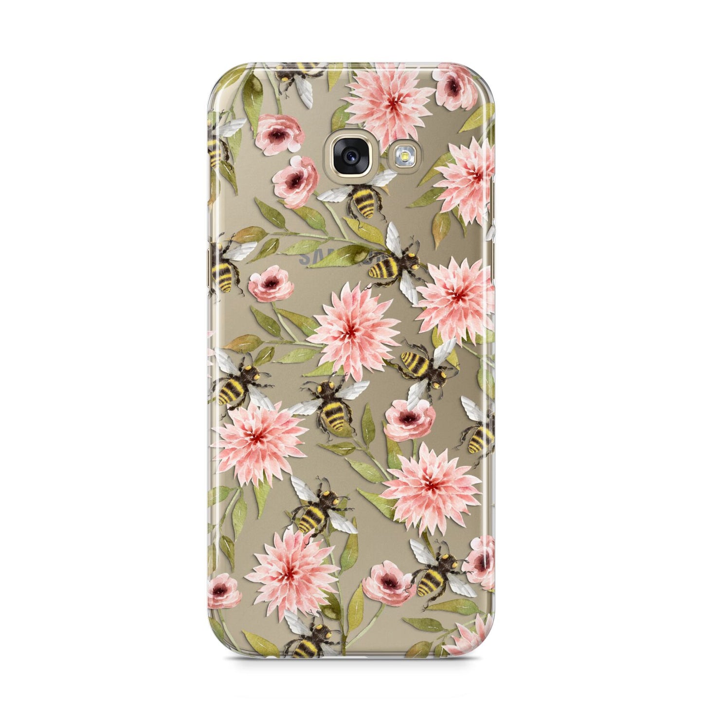 Pink Flowers and Bees Samsung Galaxy A5 2017 Case on gold phone