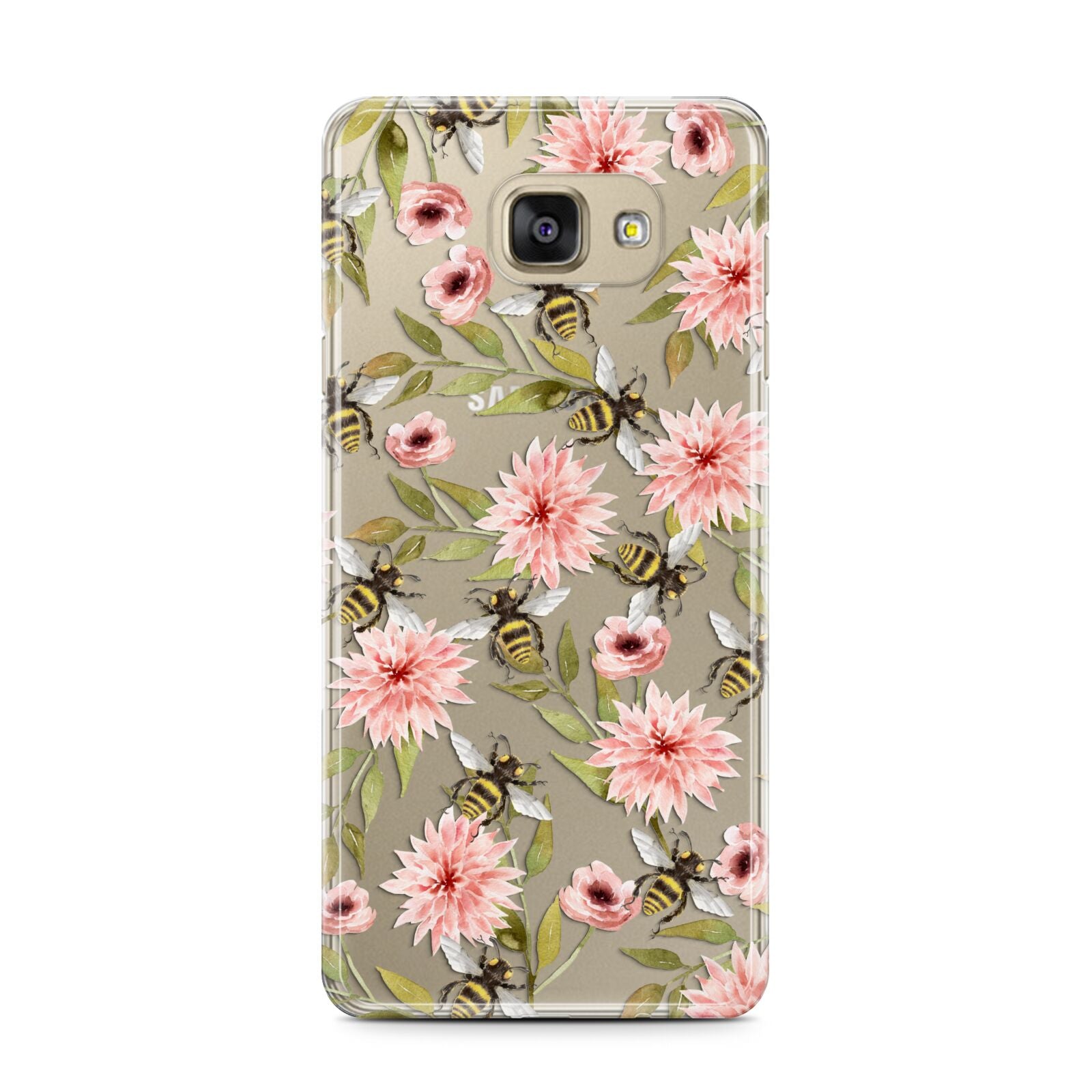 Pink Flowers and Bees Samsung Galaxy A7 2016 Case on gold phone