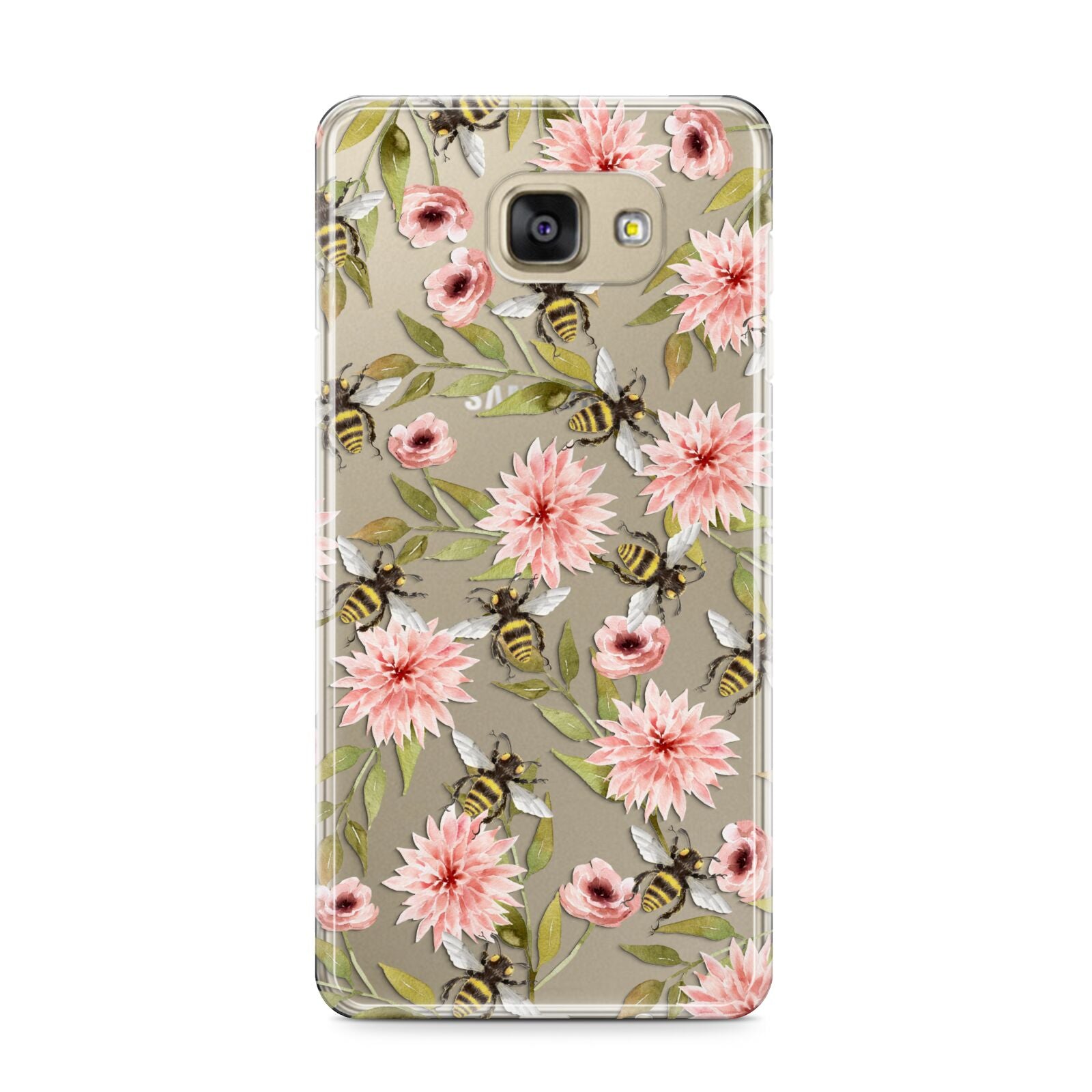 Pink Flowers and Bees Samsung Galaxy A9 2016 Case on gold phone