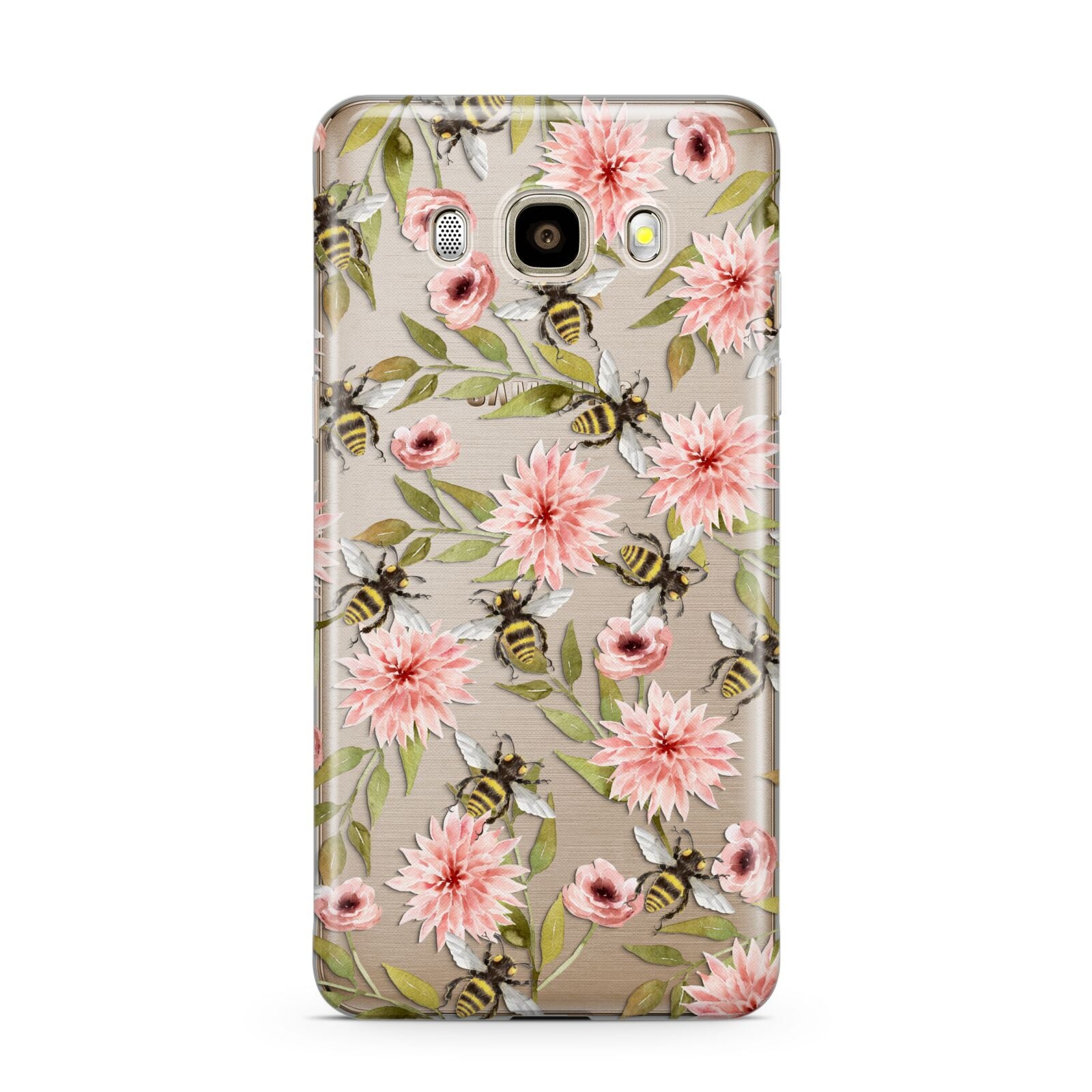 Pink Flowers and Bees Samsung Galaxy J7 2016 Case on gold phone