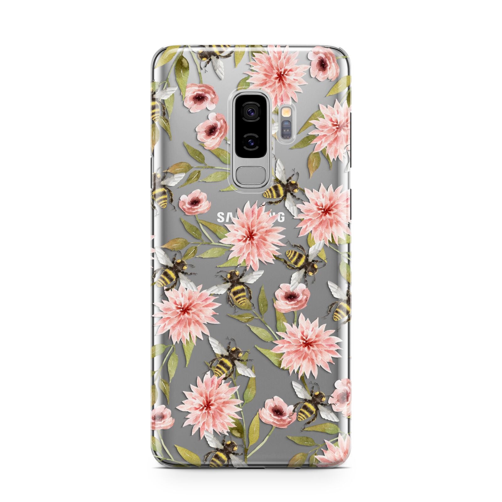 Pink Flowers and Bees Samsung Galaxy S9 Plus Case on Silver phone