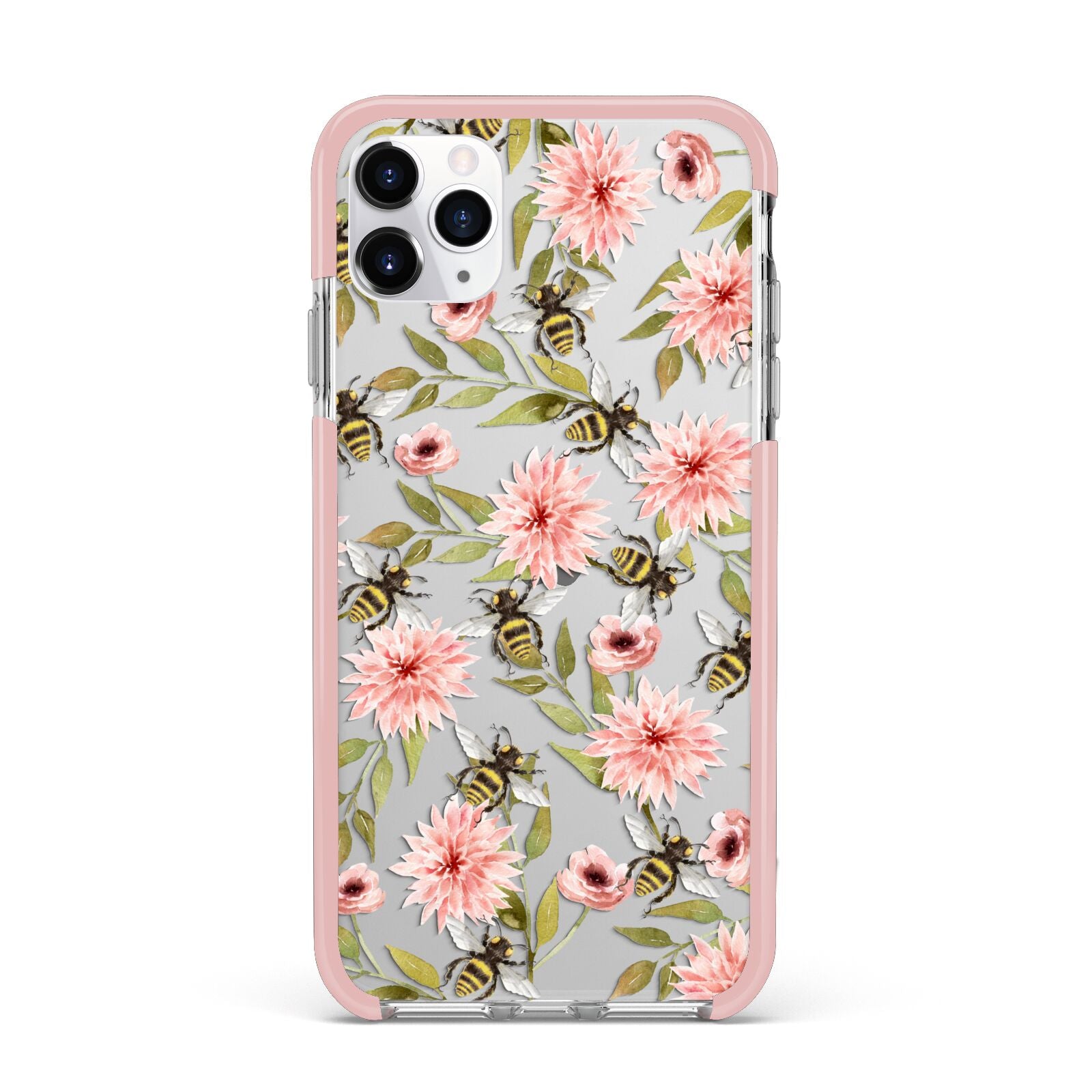 Pink Flowers and Bees iPhone 11 Pro Max Impact Pink Edge Case