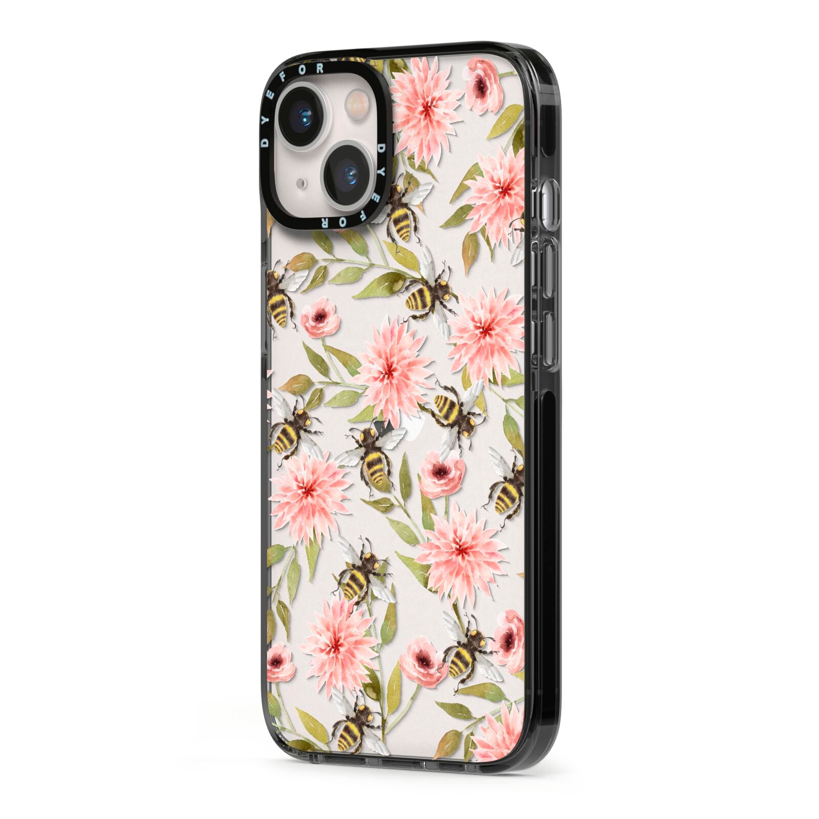 Pink Flowers and Bees iPhone 13 Black Impact Case Side Angle on Silver phone