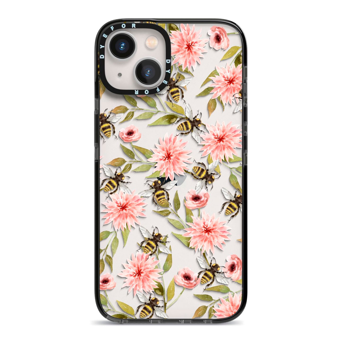 Pink Flowers and Bees iPhone 13 Black Impact Case on Silver phone