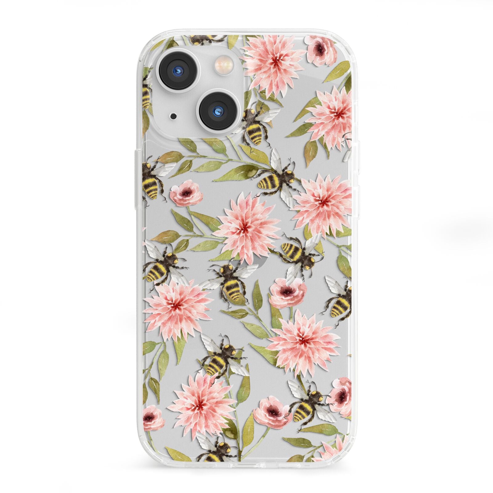 Pink Flowers and Bees iPhone 13 Mini Clear Bumper Case