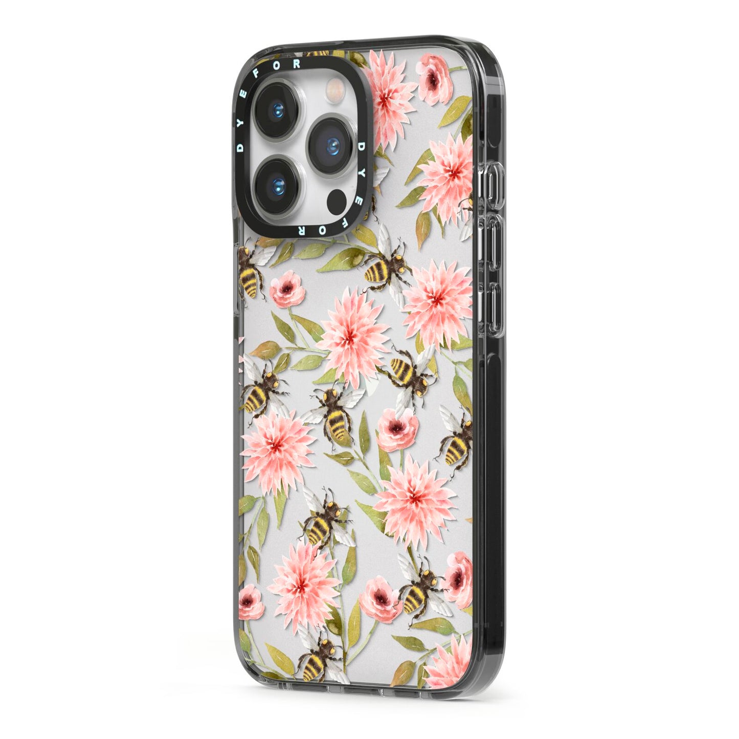 Pink Flowers and Bees iPhone 13 Pro Black Impact Case Side Angle on Silver phone