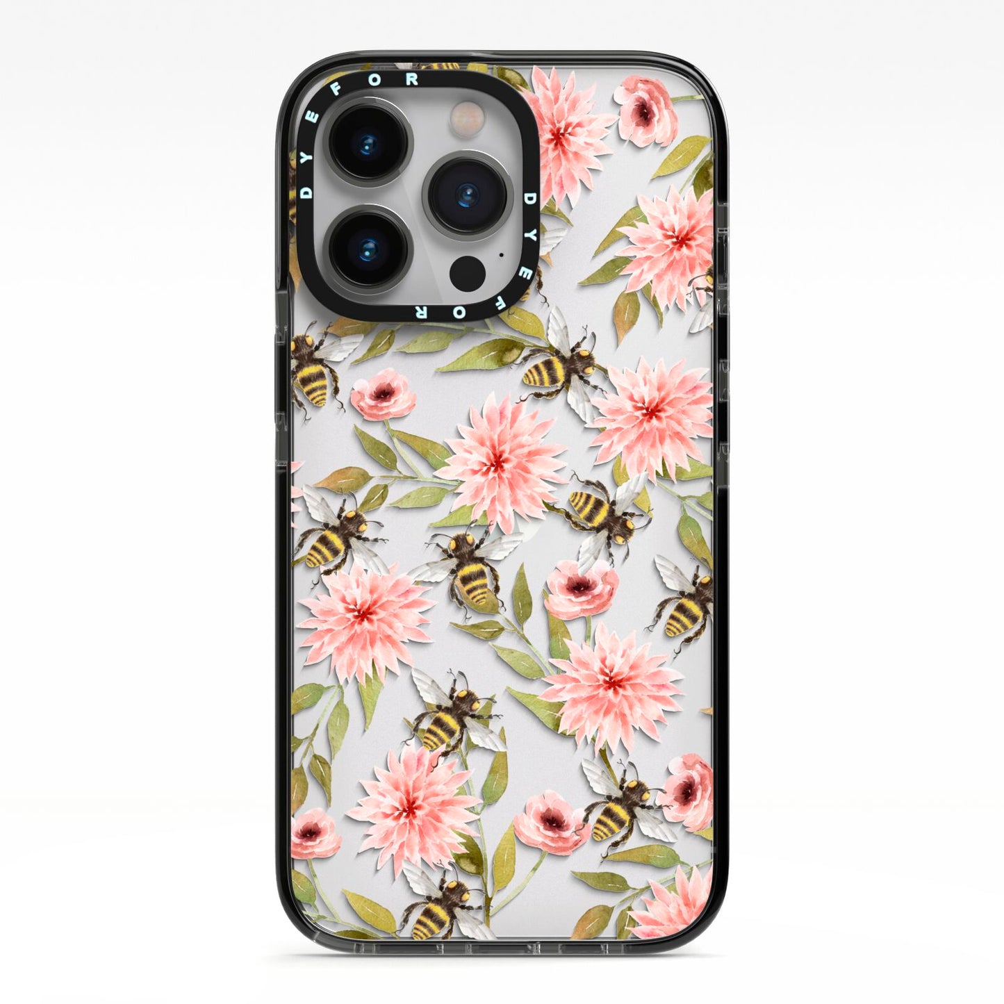 Pink Flowers and Bees iPhone 13 Pro Black Impact Case on Silver phone