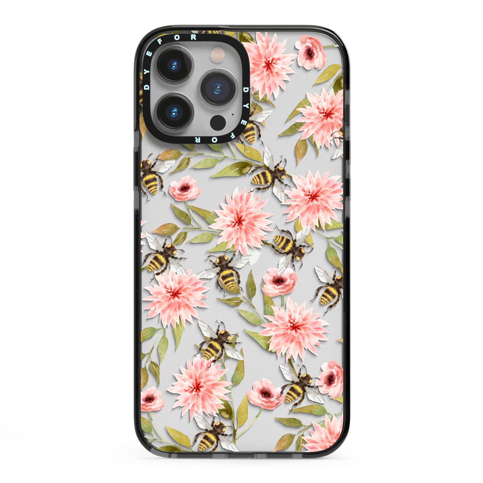 Pink Flowers and Bees iPhone 13 Pro Max Black Impact Case on Silver phone