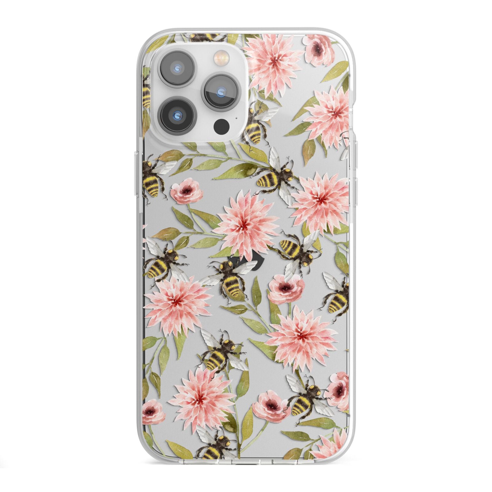 Pink Flowers and Bees iPhone 13 Pro Max TPU Impact Case with White Edges