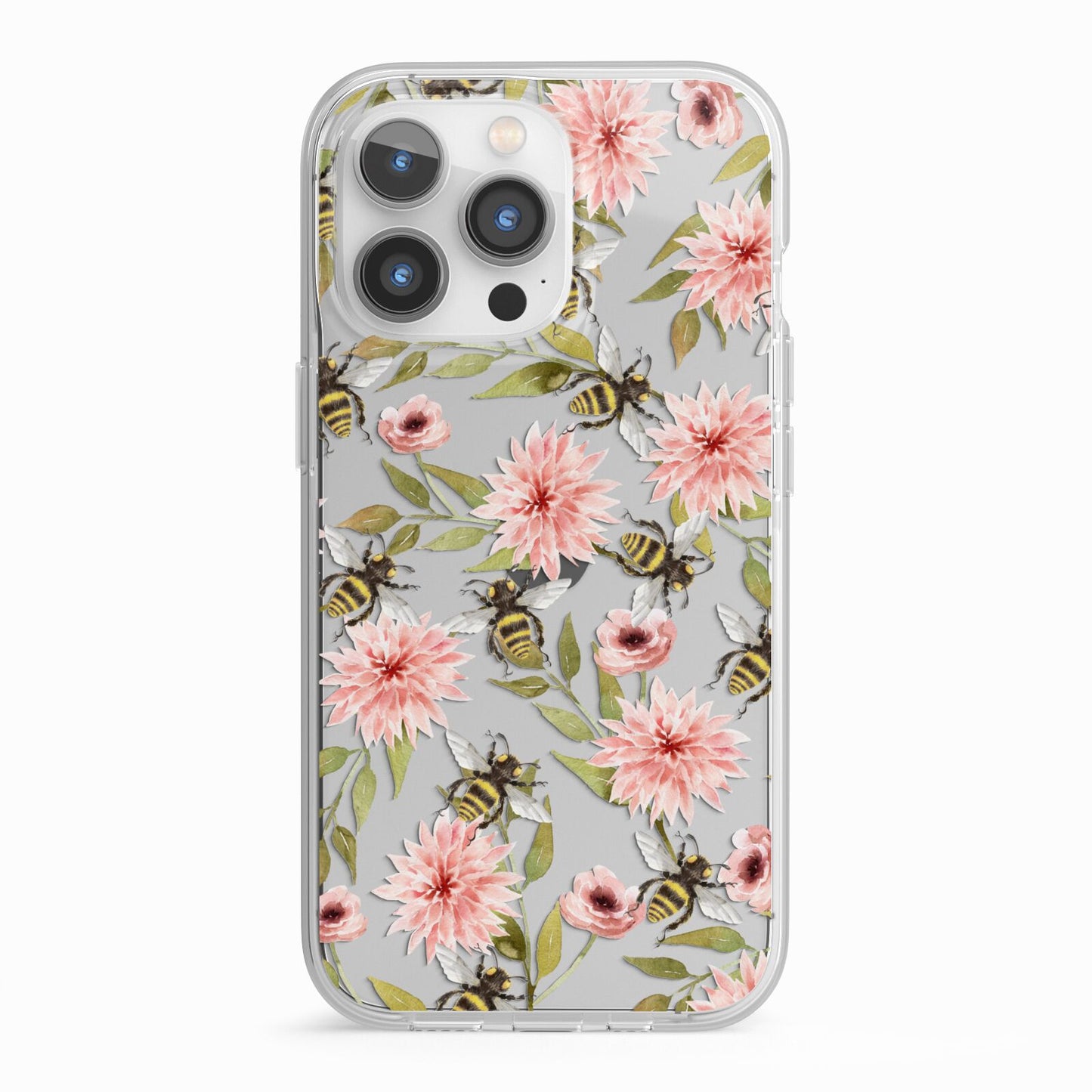 Pink Flowers and Bees iPhone 13 Pro TPU Impact Case with White Edges