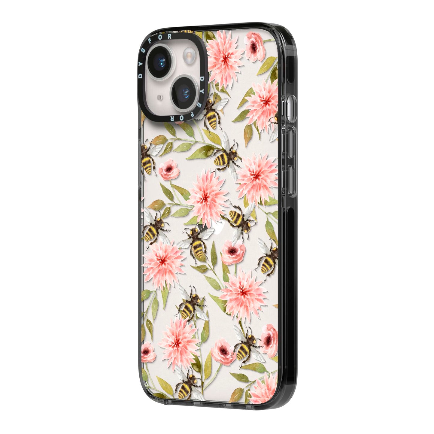 Pink Flowers and Bees iPhone 14 Black Impact Case Side Angle on Silver phone