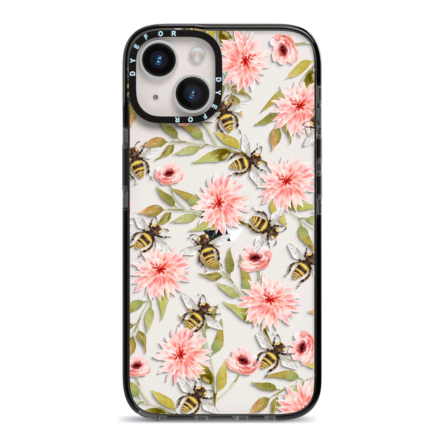Pink Flowers and Bees iPhone 14 Black Impact Case on Silver phone